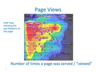 Page Views
Number of times a page was served / “viewed”
heat map,
showing the
eye fixations on
the page
9
 