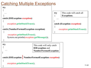 11-22
try
{
…
}
catch (IOException exception)
{
exception.printStackTrace();
}
catch (NumberFormatException exception)
{
exception.printStackTrace();
System.out.println(exception.getMessage());
}
Catching Multiple Exceptions
try
{
…
}
catch (IOException |NumberFormatException exception)
{
exception.printStackTrace();
}
try
{
…
}
catch (Exception exception)
{
exception.printStackTrace();
}
This code will only catch
IOException and
NumberFormatException
This code will catch all
Exceptions.
 
