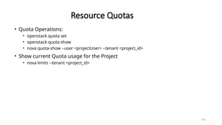 136
Resource Quotas
• Quota Operations:
• openstack quota set
• openstack quota show
• nova quota-show --user <projectUser> --tenant <project_id>
• Show current Quota usage for the Project
• nova limits --tenant <project_id>
 