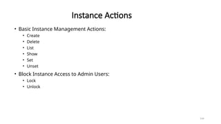 144
Instance Actions
• Basic Instance Management Actions:
• Create
• Delete
• List
• Show
• Set
• Unset
• Block Instance Access to Admin Users:
• Lock
• Unlock
 