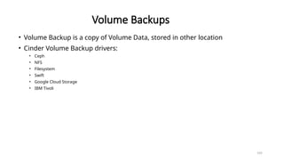 165
Volume Backups
• Volume Backup is a copy of Volume Data, stored in other location
• Cinder Volume Backup drivers:
• Ceph
• NFS
• Filesystem
• Swift
• Google Cloud Storage
• IBM Tivoli
 