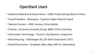 18
OpenStack Users
• Academic/Research & Government – CERN, Postal Savings Bank of China
• Cloud Providers – Rackspace, T-Systems Open Telecom Cloud
• Telecom Carriers – AT&T, Verizon, China Mobile
• Finance – Insurance Australia Group, BBVA, China UnionPay
• Information Technology – Tencent, City Network, Liveperson
• Manufacturing – Volkswagen AG, JFE Steel Corporation, SGCC
• Retail/eCommerce – Snapdeal, Nike, eBay, GAP Inc, Bloomberg
 