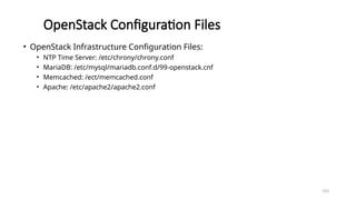 193
OpenStack Configuration Files
• OpenStack Infrastructure Configuration Files:
• NTP Time Server: /etc/chrony/chrony.conf
• MariaDB: /etc/mysql/mariadb.conf.d/99-openstack.cnf
• Memcached: /ect/memcached.conf
• Apache: /etc/apache2/apache2.conf
 
