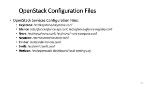 194
OpenStack Configuration Files
• OpenStack Services Configuration Files:
• Keystone: /etc/keystone/keystone.conf
• Glance: /etc/glance/glance-api.conf; /etc/glance/glance-registry.conf
• Nova: /ect/nova/nova.conf; /ect/nova/nova-compute.conf
• Neutron: /etc/neutron/neutron.conf
• Cinder: /ect/cinder/cinder.conf
• Swift: /ect/swift/swift.conf
• Horizon: /etc/openstack-dashboard/local-settings.py
 