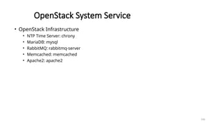 196
OpenStack System Service
• OpenStack Infrastructure
• NTP Time Server: chrony
• MariaDB: mysql
• RabbitMQ: rabbitmq-server
• Memcached: memcached
• Apache2: apache2
 