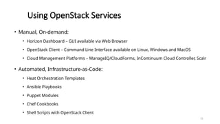 21
Using OpenStack Services
• Manual, On-demand:
• Horizon Dashboard – GUI available via Web Browser
• OpenStack Client – Command Line Interface available on Linux, Windows and MacOS
• Cloud Management Platforms – ManageIQ/CloudForms, InContinuum Cloud Controller, Scalr
• Automated, Infrastructure-as-Code:
• Heat Orchestration Templates
• Ansible Playbooks
• Puppet Modules
• Chef Cookbooks
• Shell Scripts with OpenStack Client
 