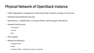 69
Physical Network of OpenStack Instance
• Traffic Segregation: management, external (provider network), storage, internal user
• Hardware-based Network Security
• Redundancy – multiple NICs in Compute Nodes, switching layer redundancy
• Network Performance:
• Throughput
• Latency
• QoS
• IPv6 Support
• Network Acceleration
• Intelligent NICs
• SRIOV
• Hardware VTEPs – VXLAN Termination in Switches
 