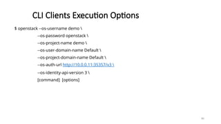 80
CLI Clients Execution Options
$ openstack --os-username demo 
--os-password openstack 
--os-project-name demo 
--os-user-domain-name Default 
--os-project-domain-name Default 
--os-auth-url http://10.0.0.11:35357/v3 
--os-identity-api-version 3 
[command] [options]
 