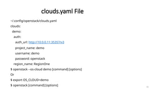 81
clouds.yaml File
~/.config/openstack/clouds.yaml
clouds:
demo:
auth:
auth_url: http://10.0.0.11:35357/v3
project_name: demo
username: demo
password: openstack
region_name: RegionOne
$ openstack --os-cloud demo [command] [options]
Or
$ export OS_CLOUD=demo
$ openstack [command] [options]
 