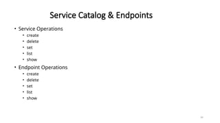 99
Service Catalog & Endpoints
• Service Operations
• create
• delete
• set
• list
• show
• Endpoint Operations
• create
• delete
• set
• list
• show
 