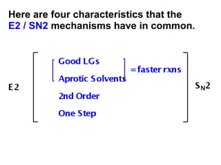 Here are four characteristics that the E2 / SN2  mechanisms have in common.  