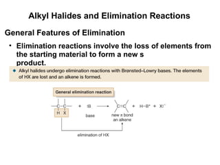 Alkyl Halides and Elimination Reactions Elimination reactions involve the loss of elements from the starting material to form a new  bond in the product. General Features of Elimination 