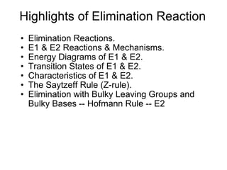 Highlights of Elimination Reaction ,[object Object],[object Object],[object Object],[object Object],[object Object],[object Object],[object Object]