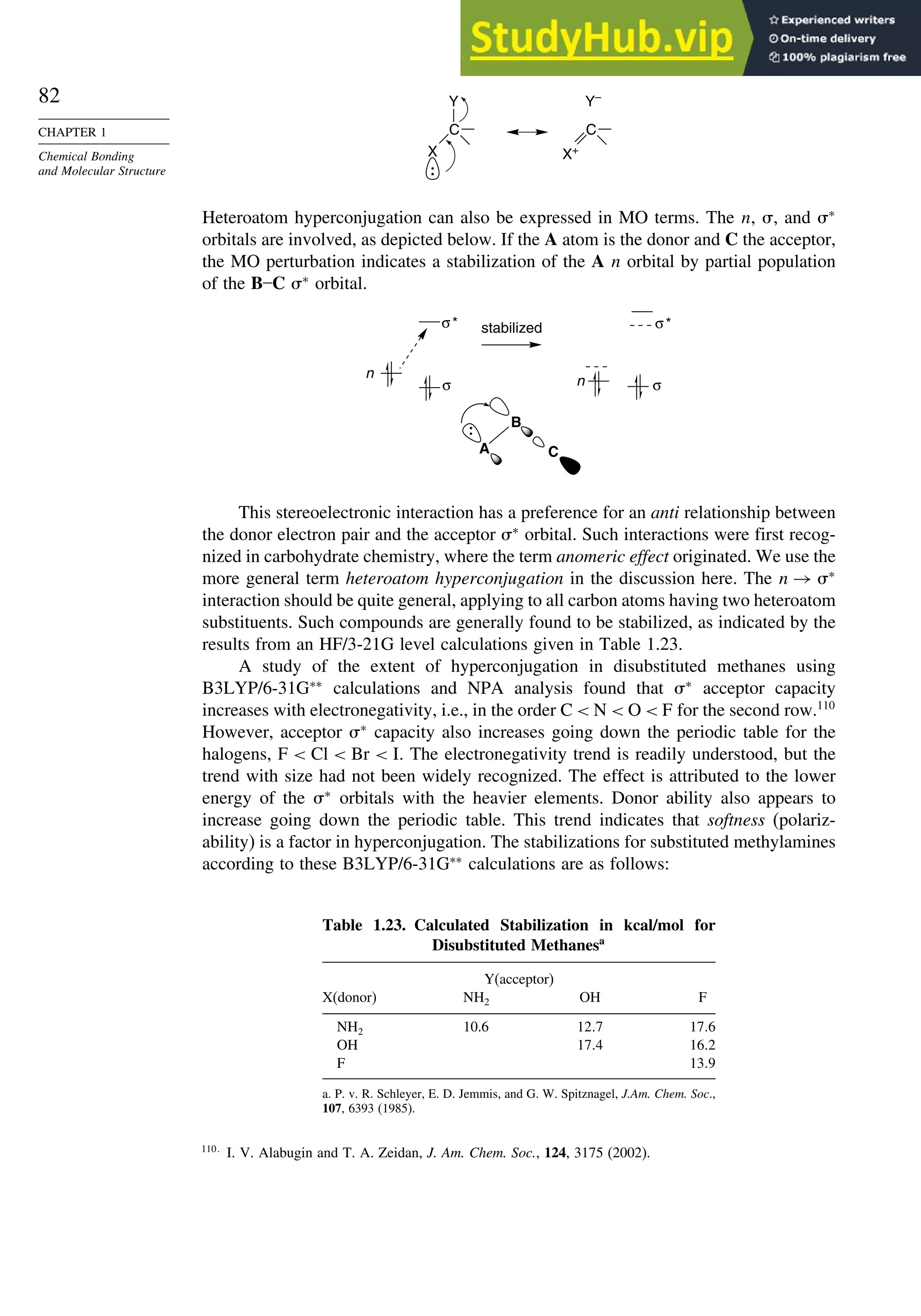 82
CHAPTER 1
Chemical Bonding
and Molecular Structure
C
X
Y
C
X+
Y–
Heteroatom hyperconjugation can also be expressed in MO terms. The n, , and ∗
orbitals are involved, as depicted below. If the A atom is the donor and C the acceptor,
the MO perturbation indicates a stabilization of the A n orbital by partial population
of the B–C ∗
orbital.
n
A
B
C
stabilized
σ*
σ
σ*
σ
n
This stereoelectronic interaction has a preference for an anti relationship between
the donor electron pair and the acceptor ∗
orbital. Such interactions were first recog-
nized in carbohydrate chemistry, where the term anomeric effect originated. We use the
more general term heteroatom hyperconjugation in the discussion here. The n → ∗
interaction should be quite general, applying to all carbon atoms having two heteroatom
substituents. Such compounds are generally found to be stabilized, as indicated by the
results from an HF/3-21G level calculations given in Table 1.23.
A study of the extent of hyperconjugation in disubstituted methanes using
B3LYP/6-31G∗∗
calculations and NPA analysis found that ∗
acceptor capacity
increases with electronegativity, i.e., in the order C  N  O  F for the second row.110
However, acceptor ∗
capacity also increases going down the periodic table for the
halogens, F  Cl  Br  I. The electronegativity trend is readily understood, but the
trend with size had not been widely recognized. The effect is attributed to the lower
energy of the ∗
orbitals with the heavier elements. Donor ability also appears to
increase going down the periodic table. This trend indicates that softness (polariz-
ability) is a factor in hyperconjugation. The stabilizations for substituted methylamines
according to these B3LYP/6-31G∗∗
calculations are as follows:
Table 1.23. Calculated Stabilization in kcal/mol for
Disubstituted Methanesa
Y(acceptor)
X(donor) NH2 OH F
NH2 10.6 127 176
OH 174 162
F 139
a. P. v. R. Schleyer, E. D. Jemmis, and G. W. Spitznagel, J.Am. Chem. Soc.,
107, 6393 (1985).
110
I. V. Alabugin and T. A. Zeidan, J. Am. Chem. Soc., 124, 3175 (2002).
 