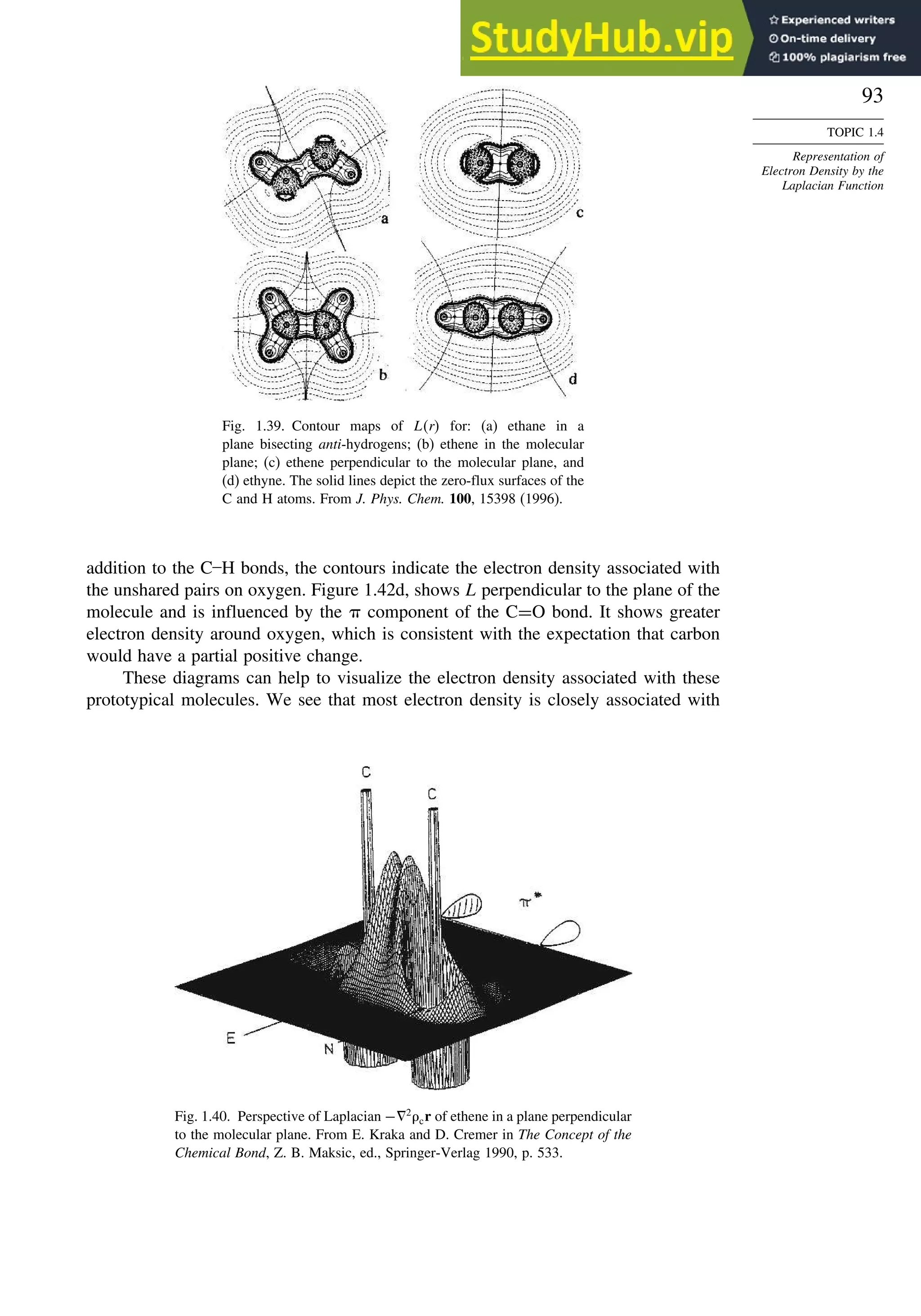 93
TOPIC 1.4
Representation of
Electron Density by the
Laplacian Function
Fig. 1.39. Contour maps of Lr for: (a) ethane in a
plane bisecting anti-hydrogens; (b) ethene in the molecular
plane; (c) ethene perpendicular to the molecular plane, and
(d) ethyne. The solid lines depict the zero-flux surfaces of the
C and H atoms. From J. Phys. Chem. 100, 15398 (1996).
addition to the C–H bonds, the contours indicate the electron density associated with
the unshared pairs on oxygen. Figure 1.42d, shows L perpendicular to the plane of the
molecule and is influenced by the  component of the C=O bond. It shows greater
electron density around oxygen, which is consistent with the expectation that carbon
would have a partial positive change.
These diagrams can help to visualize the electron density associated with these
prototypical molecules. We see that most electron density is closely associated with
Fig. 1.40. Perspective of Laplacian −!2
cr of ethene in a plane perpendicular
to the molecular plane. From E. Kraka and D. Cremer in The Concept of the
Chemical Bond, Z. B. Maksic, ed., Springer-Verlag 1990, p. 533.
 