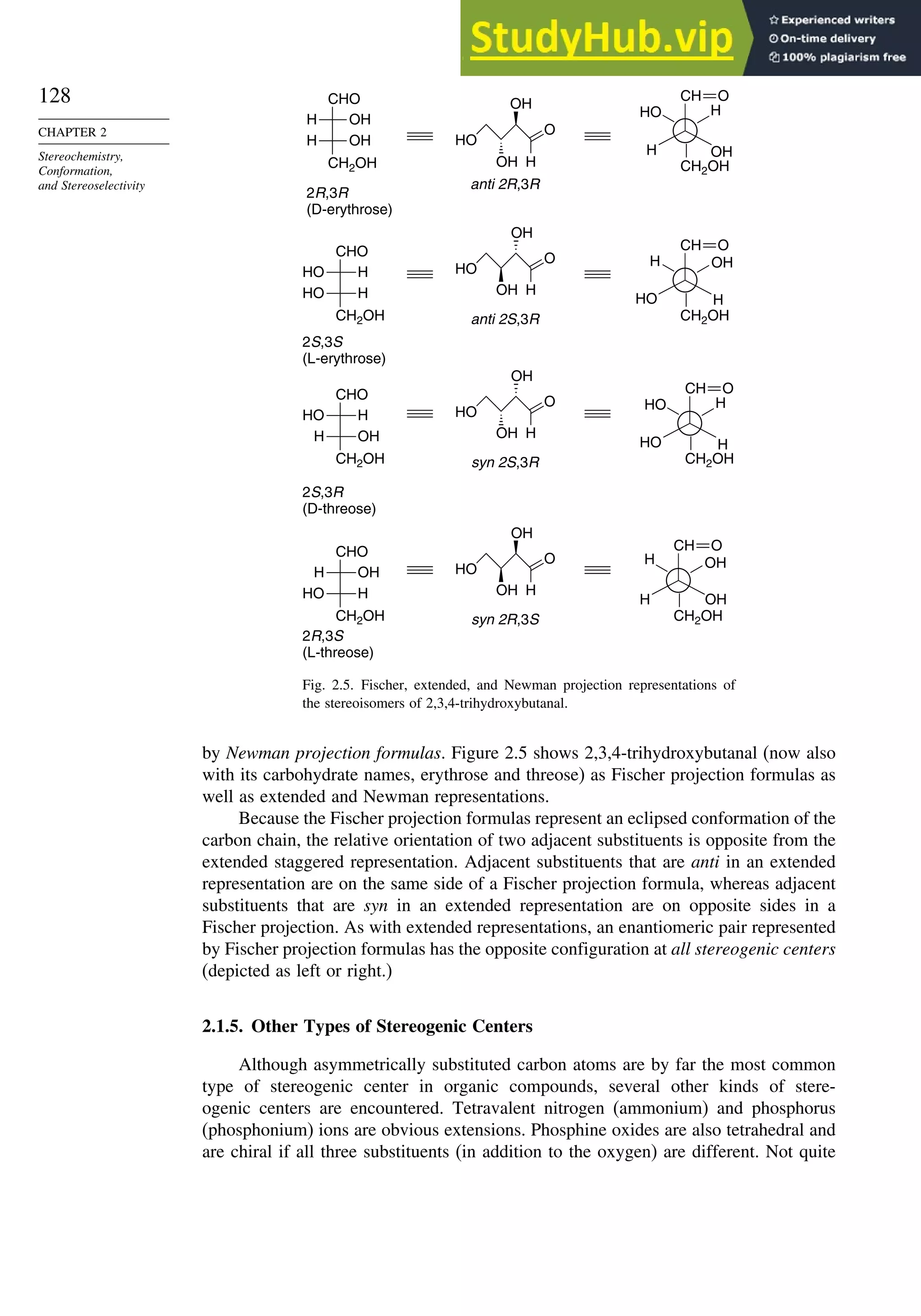 128
CHAPTER 2
Stereochemistry,
Conformation,
and Stereoselectivity
CHO
OH
H
OH
H
CH2OH
2R,3R
(D-erythrose)
CHO
H
HO
H
HO
CH2OH
2S,3S
(L-erythrose)
CHO
H
HO
OH
H
CH2OH
2S,3R
(D-threose)
CHO
OH
H
H
HO
CH2OH
2R,3S
(L-threose)
HO
O
H
OH
OH
anti 2R,3R
HO
O
H
OH
OH
anti 2S,3R
HO
O
H
OH
OH
syn 2S,3R
HO
O
H
OH
OH
syn 2R,3S
H OH
H
HO
CH2OH
CH O
H
H
OH
HO
CH2OH
CH O
HO H
H
HO
CH2OH
CH O
H OH
OH
H
CH2OH
CH O
Fig. 2.5. Fischer, extended, and Newman projection representations of
the stereoisomers of 2,3,4-trihydroxybutanal.
by Newman projection formulas. Figure 2.5 shows 2,3,4-trihydroxybutanal (now also
with its carbohydrate names, erythrose and threose) as Fischer projection formulas as
well as extended and Newman representations.
Because the Fischer projection formulas represent an eclipsed conformation of the
carbon chain, the relative orientation of two adjacent substituents is opposite from the
extended staggered representation. Adjacent substituents that are anti in an extended
representation are on the same side of a Fischer projection formula, whereas adjacent
substituents that are syn in an extended representation are on opposite sides in a
Fischer projection. As with extended representations, an enantiomeric pair represented
by Fischer projection formulas has the opposite configuration at all stereogenic centers
(depicted as left or right.)
2.1.5. Other Types of Stereogenic Centers
Although asymmetrically substituted carbon atoms are by far the most common
type of stereogenic center in organic compounds, several other kinds of stere-
ogenic centers are encountered. Tetravalent nitrogen (ammonium) and phosphorus
(phosphonium) ions are obvious extensions. Phosphine oxides are also tetrahedral and
are chiral if all three substituents (in addition to the oxygen) are different. Not quite
 
