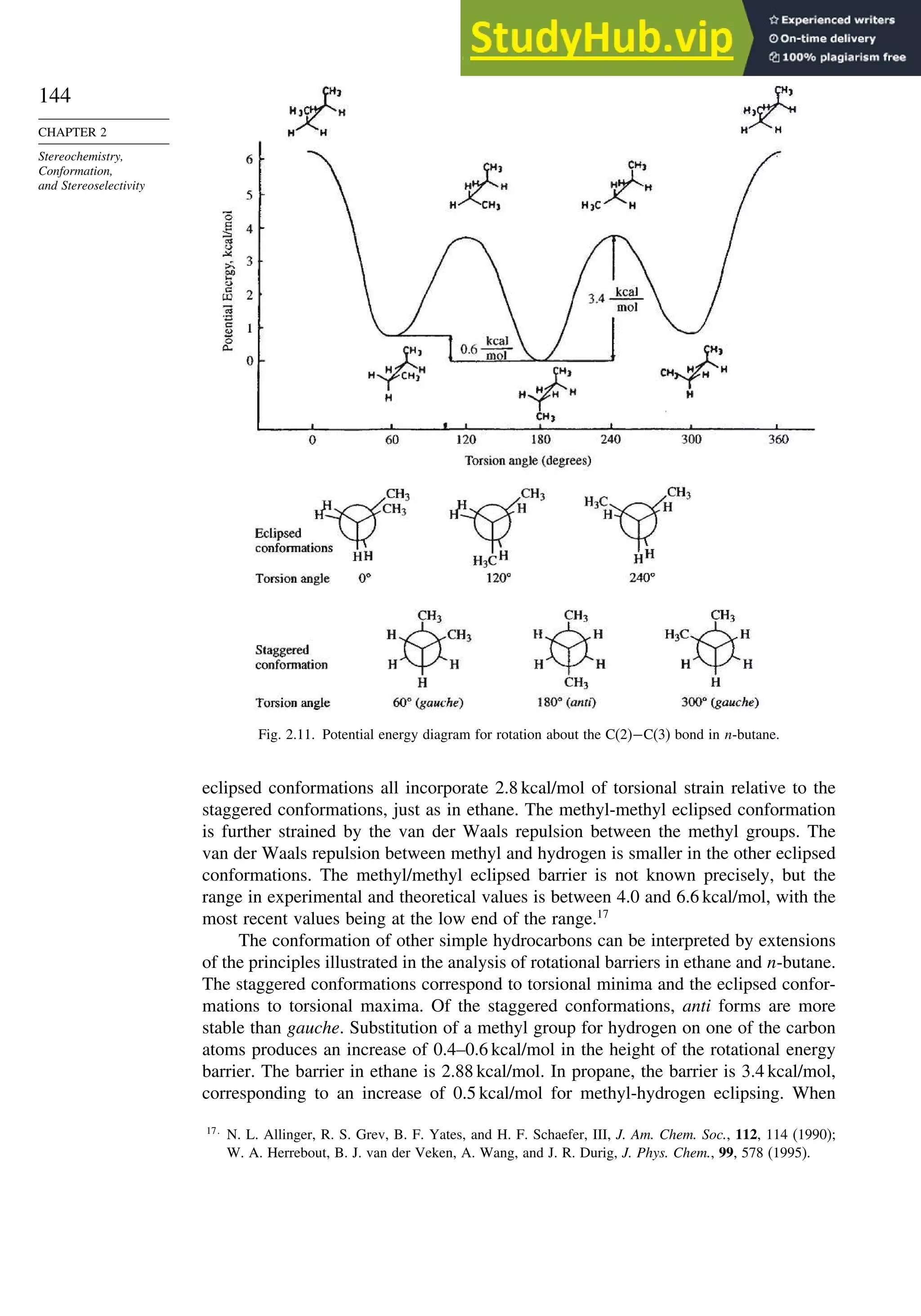 144
CHAPTER 2
Stereochemistry,
Conformation,
and Stereoselectivity
Fig. 2.11. Potential energy diagram for rotation about the C(2)−C(3) bond in n-butane.
eclipsed conformations all incorporate 2.8 kcal/mol of torsional strain relative to the
staggered conformations, just as in ethane. The methyl-methyl eclipsed conformation
is further strained by the van der Waals repulsion between the methyl groups. The
van der Waals repulsion between methyl and hydrogen is smaller in the other eclipsed
conformations. The methyl/methyl eclipsed barrier is not known precisely, but the
range in experimental and theoretical values is between 4.0 and 6.6 kcal/mol, with the
most recent values being at the low end of the range.17
The conformation of other simple hydrocarbons can be interpreted by extensions
of the principles illustrated in the analysis of rotational barriers in ethane and n-butane.
The staggered conformations correspond to torsional minima and the eclipsed confor-
mations to torsional maxima. Of the staggered conformations, anti forms are more
stable than gauche. Substitution of a methyl group for hydrogen on one of the carbon
atoms produces an increase of 0.4–0.6 kcal/mol in the height of the rotational energy
barrier. The barrier in ethane is 2.88 kcal/mol. In propane, the barrier is 3.4 kcal/mol,
corresponding to an increase of 0.5 kcal/mol for methyl-hydrogen eclipsing. When
17
N. L. Allinger, R. S. Grev, B. F. Yates, and H. F. Schaefer, III, J. Am. Chem. Soc., 112, 114 (1990);
W. A. Herrebout, B. J. van der Veken, A. Wang, and J. R. Durig, J. Phys. Chem., 99, 578 (1995).
 