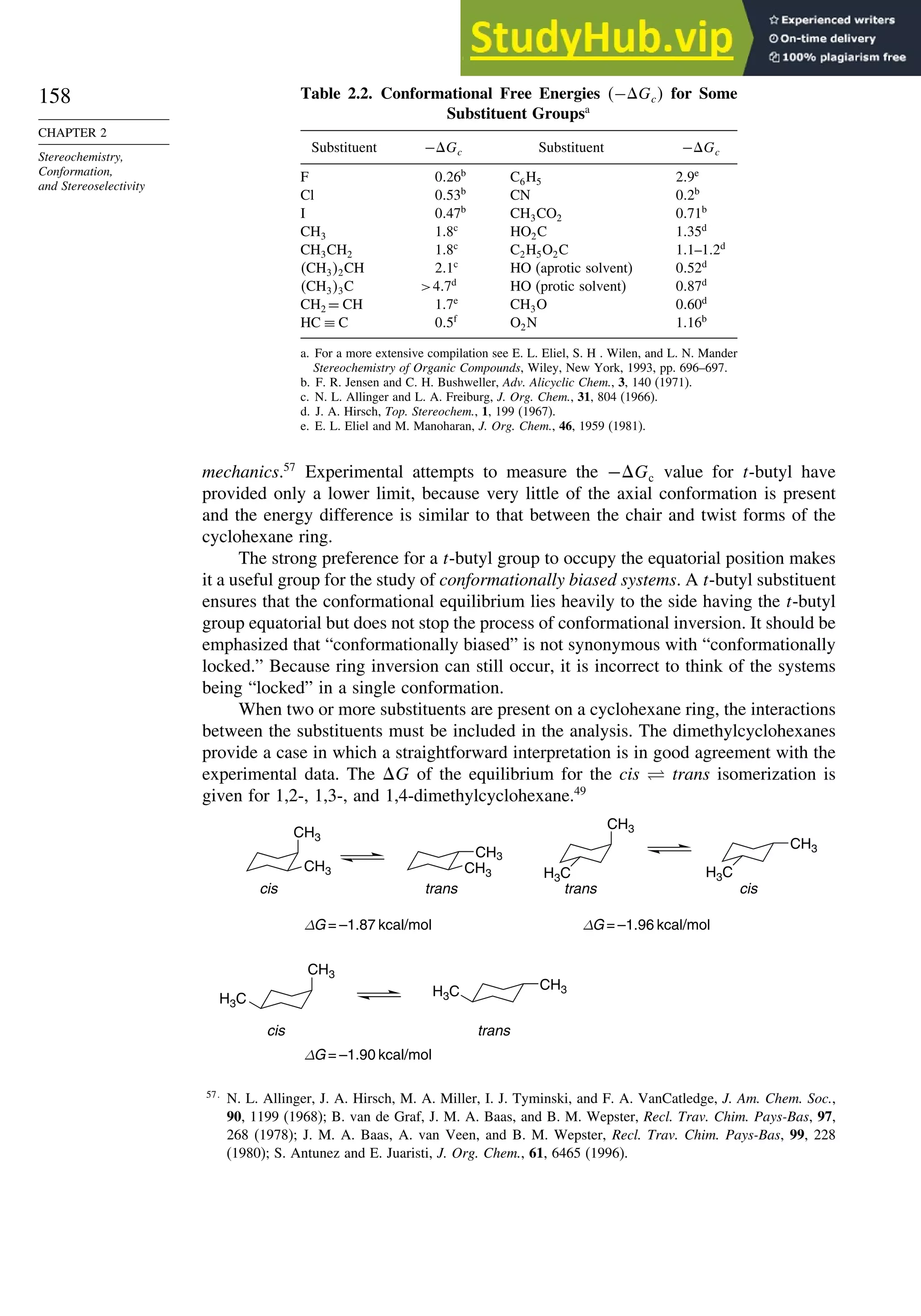 158
CHAPTER 2
Stereochemistry,
Conformation,
and Stereoselectivity
Table 2.2. Conformational Free Energies −Gc for Some
Substituent Groupsa
Substituent −Gc Substituent −Gc
F 0 26b
C6H5 2 9e
Cl 0 53b
CN 0 2b
I 0 47b
CH3CO2 0 71b
CH3 1 8c
HO2C 1 35d
CH3CH2 1 8c
C2H5O2C 1 1–1 2d
CH32CH 2 1c
HO (aprotic solvent) 0 52d
CH33C 4 7d
HO (protic solvent) 0 87d
CH2 = CH 1 7e
CH3O 0 60d
HC ≡ C 0 5f
O2N 1 16b
a. For a more extensive compilation see E. L. Eliel, S. H . Wilen, and L. N. Mander
Stereochemistry of Organic Compounds, Wiley, New York, 1993, pp. 696–697.
b. F. R. Jensen and C. H. Bushweller, Adv. Alicyclic Chem., 3, 140 (1971).
c. N. L. Allinger and L. A. Freiburg, J. Org. Chem., 31, 804 (1966).
d. J. A. Hirsch, Top. Stereochem., 1, 199 (1967).
e. E. L. Eliel and M. Manoharan, J. Org. Chem., 46, 1959 (1981).
mechanics.57
Experimental attempts to measure the −Gc value for t-butyl have
provided only a lower limit, because very little of the axial conformation is present
and the energy difference is similar to that between the chair and twist forms of the
cyclohexane ring.
The strong preference for a t-butyl group to occupy the equatorial position makes
it a useful group for the study of conformationally biased systems. A t-butyl substituent
ensures that the conformational equilibrium lies heavily to the side having the t-butyl
group equatorial but does not stop the process of conformational inversion. It should be
emphasized that “conformationally biased” is not synonymous with “conformationally
locked.” Because ring inversion can still occur, it is incorrect to think of the systems
being “locked” in a single conformation.
When two or more substituents are present on a cyclohexane ring, the interactions
between the substituents must be included in the analysis. The dimethylcyclohexanes
provide a case in which a straightforward interpretation is in good agreement with the
experimental data. The G of the equilibrium for the cis ⇋ trans isomerization is
given for 1,2-, 1,3-, and 1,4-dimethylcyclohexane.49
CH3
CH3
cis trans
∆G = –1.87 kcal/mol
cis
trans
∆G = –1.96 kcal/mol
cis trans
∆G = –1.90 kcal/mol
CH3 CH3 H3C
CH3
H3C
CH3
CH3
H3C
H3C CH3
57
N. L. Allinger, J. A. Hirsch, M. A. Miller, I. J. Tyminski, and F. A. VanCatledge, J. Am. Chem. Soc.,
90, 1199 (1968); B. van de Graf, J. M. A. Baas, and B. M. Wepster, Recl. Trav. Chim. Pays-Bas, 97,
268 (1978); J. M. A. Baas, A. van Veen, and B. M. Wepster, Recl. Trav. Chim. Pays-Bas, 99, 228
(1980); S. Antunez and E. Juaristi, J. Org. Chem., 61, 6465 (1996).
 