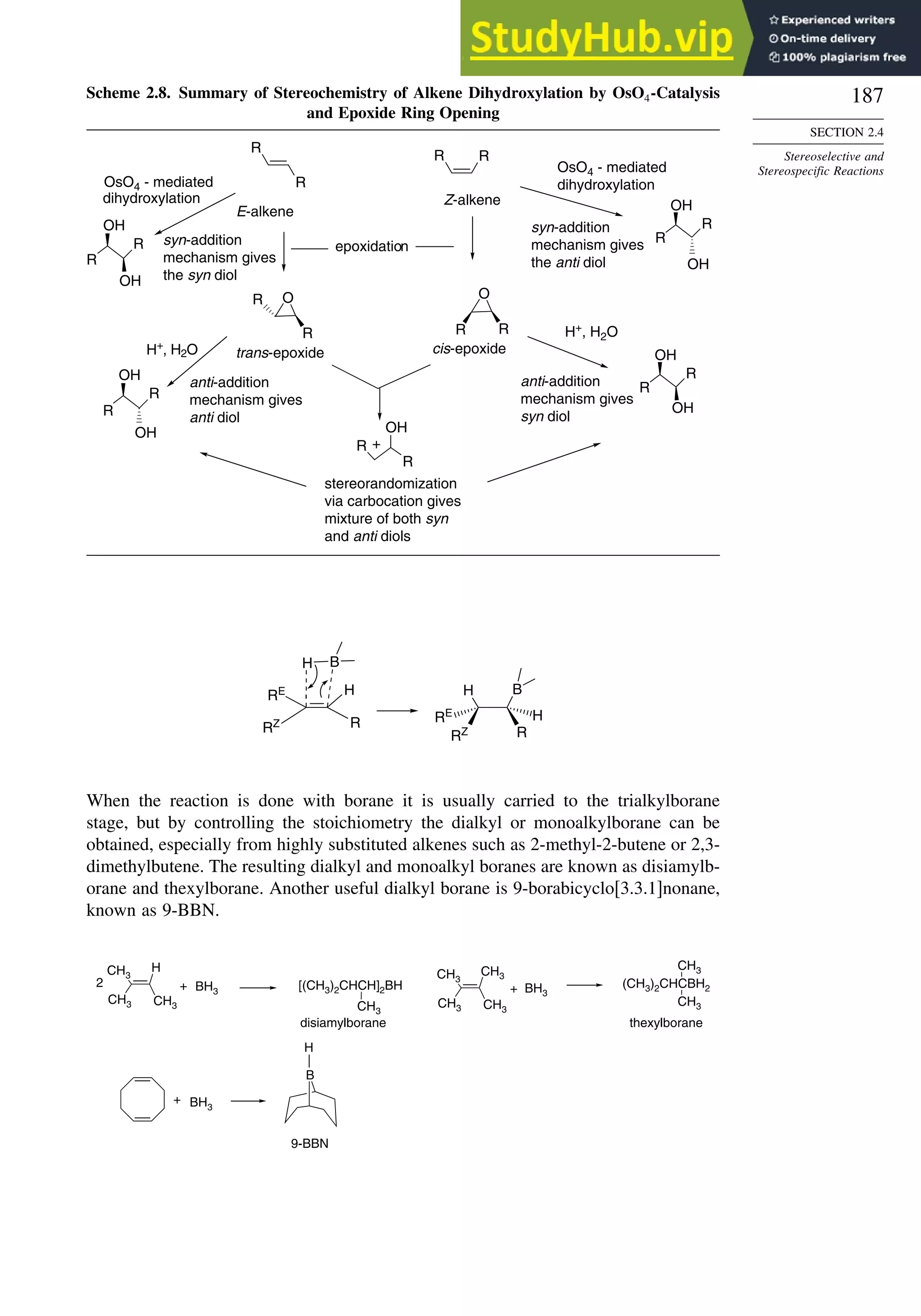 187
SECTION 2.4
Stereoselective and
Stereospecific Reactions
Scheme 2.8. Summary of Stereochemistry of Alkene Dihydroxylation by OsO4-Catalysis
and Epoxide Ring Opening
R
R
R
R
R
R
O
R R
O
R
R
OH
R
R
OH
OH
R
R
OH
OH
R
R
OH
OH
R
R
OH
OH
E-alkene
Z-alkene
trans-epoxide cis-epoxide
+
stereorandomization
via carbocation gives
mixture of both syn
and anti diols
OsO4 - mediated
dihydroxylation
syn-addition
mechanism gives
the anti diol
OsO4 - mediated
dihydroxylation
syn-addition
mechanism gives
the syn diol
H+
, H2O
anti-addition
mechanism gives
anti diol
H+, H2O
anti-addition
mechanism gives
syn diol
epoxidation
RE
RZ
H
R
H B
RE
RZ
H B
H
R
When the reaction is done with borane it is usually carried to the trialkylborane
stage, but by controlling the stoichiometry the dialkyl or monoalkylborane can be
obtained, especially from highly substituted alkenes such as 2-methyl-2-butene or 2,3-
dimethylbutene. The resulting dialkyl and monoalkyl boranes are known as disiamylb-
orane and thexylborane. Another useful dialkyl borane is 9-borabicyclo[3.3.1]nonane,
known as 9-BBN.
(CH3)2CHCBH2
CH3
CH3
thexylborane
[(CH3)2CHCH]2BH
CH3
disiamylborane
BH3
+
CH3
CH3
CH3
CH3
+ BH3
B
H
9-BBN
BH3
CH3
CH3
H
CH3
2 +
 