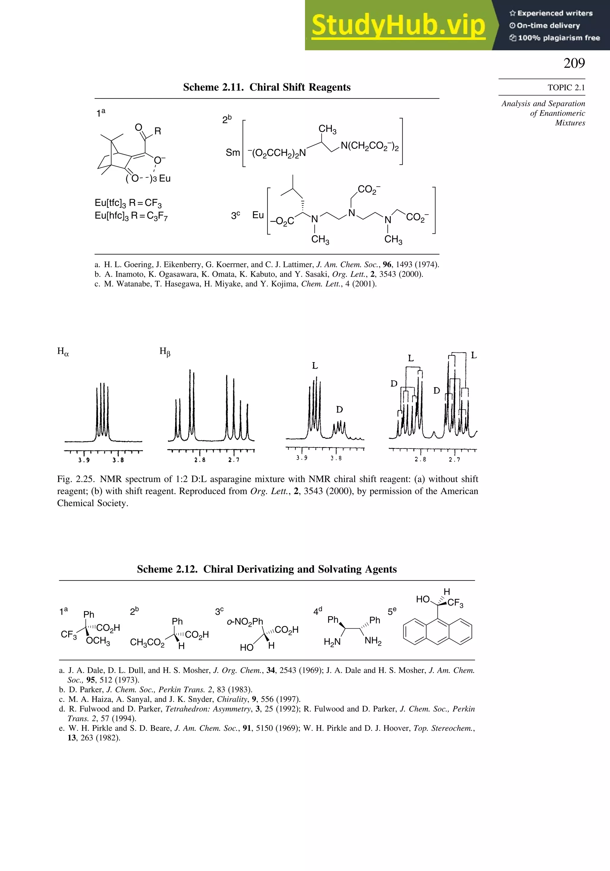 209
TOPIC 2.1
Analysis and Separation
of Enantiomeric
Mixtures
Scheme 2.11. Chiral Shift Reagents
( O )3 Eu
O–
R
O
Sm
CH3
N(CH2CO2
–
)2
Eu
–O2C N
N
N CO2
–
CO2
–
CH3
Eu[tfc]3 R = CF3
Eu[hfc]3 R = C3F7
1a
–
(O2CCH2)2N
2b
3c
CH3
a. H. L. Goering, J. Eikenberry, G. Koerrner, and C. J. Lattimer, J. Am. Chem. Soc., 96, 1493 (1974).
b. A. Inamoto, K. Ogasawara, K. Omata, K. Kabuto, and Y. Sasaki, Org. Lett., 2, 3543 (2000).
c. M. Watanabe, T. Hasegawa, H. Miyake, and Y. Kojima, Chem. Lett., 4 (2001).
Hα Hβ
Fig. 2.25. NMR spectrum of 1:2 D:L asparagine mixture with NMR chiral shift reagent: (a) without shift
reagent; (b) with shift reagent. Reproduced from Org. Lett., 2, 3543 (2000), by permission of the American
Chemical Society.
Scheme 2.12. Chiral Derivatizing and Solvating Agents
Ph
CO2H
OCH3
CF3
1a
Ph
CH3CO2 H
CO2H
2b
o-NO2Ph
HO H
CO2H
3c
NH2
H2N
Ph Ph
4d
H
CF3
HO
5e
a. J. A. Dale, D. L. Dull, and H. S. Mosher, J. Org. Chem., 34, 2543 (1969); J. A. Dale and H. S. Mosher, J. Am. Chem.
Soc., 95, 512 (1973).
b. D. Parker, J. Chem. Soc., Perkin Trans. 2, 83 (1983).
c. M. A. Haiza, A. Sanyal, and J. K. Snyder, Chirality, 9, 556 (1997).
d. R. Fulwood and D. Parker, Tetrahedron: Asymmetry, 3, 25 (1992); R. Fulwood and D. Parker, J. Chem. Soc., Perkin
Trans. 2, 57 (1994).
e. W. H. Pirkle and S. D. Beare, J. Am. Chem. Soc., 91, 5150 (1969); W. H. Pirkle and D. J. Hoover, Top. Stereochem.,
13, 263 (1982).
 