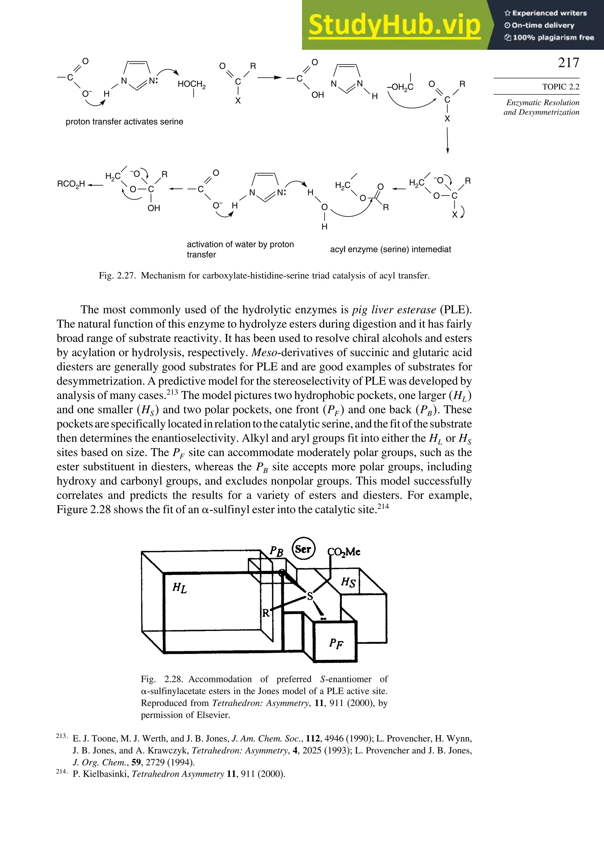 217
TOPIC 2.2
Enzymatic Resolution
and Desymmetrization
HOCH2
proton transfer activates serine
C
–
O
O
H
C
H
O
O
C
–OH2C
N N N
H
X
O R
C
X
O R
N
acyl enzyme (serine) intemediat
activation of water by proton
transfer
H
R
X
–
O
C
O
H2C
RCO2H
C
–
O
O
N N
H
OH
R
–
O
C H
O
O
H2C
O
R
O
H2C
Fig. 2.27. Mechanism for carboxylate-histidine-serine triad catalysis of acyl transfer.
The most commonly used of the hydrolytic enzymes is pig liver esterase (PLE).
The natural function of this enzyme to hydrolyze esters during digestion and it has fairly
broad range of substrate reactivity. It has been used to resolve chiral alcohols and esters
by acylation or hydrolysis, respectively. Meso-derivatives of succinic and glutaric acid
diesters are generally good substrates for PLE and are good examples of substrates for
desymmetrization. A predictive model for the stereoselectivity of PLE was developed by
analysis of many cases.213
The model pictures two hydrophobic pockets, one larger HL
and one smaller HS and two polar pockets, one front PF  and one back PB. These
pocketsarespecificallylocatedinrelationtothecatalyticserine,andthefitofthesubstrate
then determines the enantioselectivity. Alkyl and aryl groups fit into either the HL or HS
sites based on size. The PF site can accommodate moderately polar groups, such as the
ester substituent in diesters, whereas the PB site accepts more polar groups, including
hydroxy and carbonyl groups, and excludes nonpolar groups. This model successfully
correlates and predicts the results for a variety of esters and diesters. For example,
Figure 2.28 shows the fit of an -sulfinyl ester into the catalytic site.214
Fig. 2.28. Accommodation of preferred S-enantiomer of
-sulfinylacetate esters in the Jones model of a PLE active site.
Reproduced from Tetrahedron: Asymmetry, 11, 911 (2000), by
permission of Elsevier.
213
E. J. Toone, M. J. Werth, and J. B. Jones, J. Am. Chem. Soc., 112, 4946 (1990); L. Provencher, H. Wynn,
J. B. Jones, and A. Krawczyk, Tetrahedron: Asymmetry, 4, 2025 (1993); L. Provencher and J. B. Jones,
J. Org. Chem., 59, 2729 (1994).
214
P. Kielbasinki, Tetrahedron Asymmetry 11, 911 (2000).
 