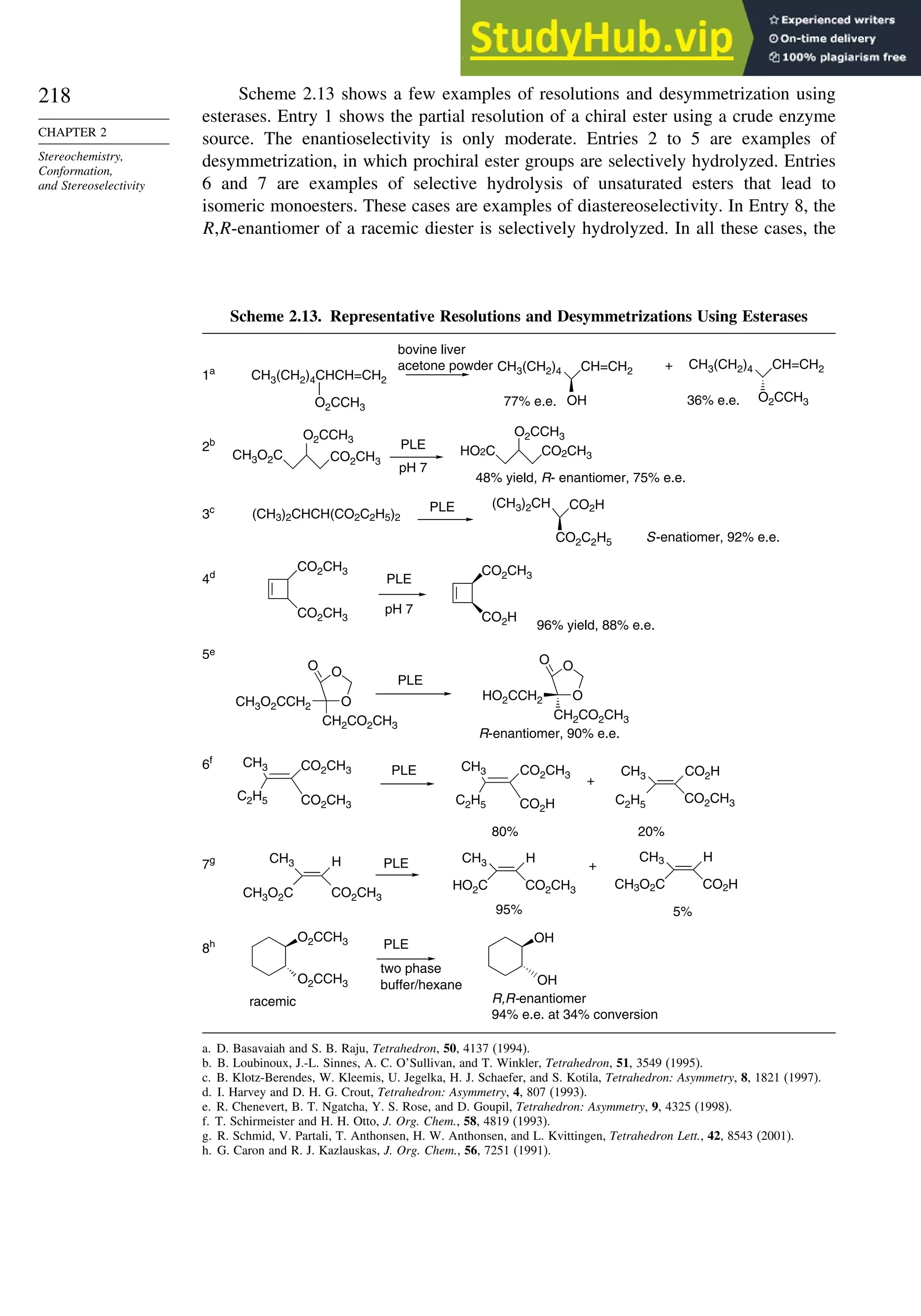 218
CHAPTER 2
Stereochemistry,
Conformation,
and Stereoselectivity
Scheme 2.13 shows a few examples of resolutions and desymmetrization using
esterases. Entry 1 shows the partial resolution of a chiral ester using a crude enzyme
source. The enantioselectivity is only moderate. Entries 2 to 5 are examples of
desymmetrization, in which prochiral ester groups are selectively hydrolyzed. Entries
6 and 7 are examples of selective hydrolysis of unsaturated esters that lead to
isomeric monoesters. These cases are examples of diastereoselectivity. In Entry 8, the
R,R-enantiomer of a racemic diester is selectively hydrolyzed. In all these cases, the
Scheme 2.13. Representative Resolutions and Desymmetrizations Using Esterases
O2CCH3
CO2CH3
CH3O2C HO2C CO2CH3
O2CCH3
2b PLE
pH 7
48% yield, R- enantiomer, 75% e.e.
(CH3)2CH
(CH3)2CHCH(CO2C2H5)2
CO2H
CO2C2H5
3c PLE
S-enatiomer, 92% e.e.
CO2CH3
CO2CH3
CO2CH3
CO2H
4d
PLE
pH 7
96% yield, 88% e.e.
O
O
O
CH3O2CCH2
CH2CO2CH3
O
O
O
HO2CCH2
CH2CO2CH3
5e
PLE
R-enantiomer, 90% e.e.
CH3
C2H5
CO2CH3
CO2CH3
CH3
C2H5 CO2H
CH3
C2H5
CO2H
CO2CH3
CO2CH3
6f
PLE
+
80% 20%
CH3O2C
CH3
CO2CH3
H CH3
HO2C
H
CO2CH3
CH3
CH3O2C
H
CO2H
7g PLE +
95% 5%
O2CCH3
CH3(CH2)4 CH=CH2
OH
CH3(CH2)4 CH=CH2
O2CCH3
1a
bovine liver
acetone powder
77% e.e.
+
36% e.e.
CH3(CH2)4CHCH=CH2
O2CCH3
O2CCH3
OH
OH
8h PLE
two phase
buffer/hexane
racemic R,R-enantiomer
94% e.e. at 34% conversion
a. D. Basavaiah and S. B. Raju, Tetrahedron, 50, 4137 (1994).
b. B. Loubinoux, J.-L. Sinnes, A. C. O’Sullivan, and T. Winkler, Tetrahedron, 51, 3549 (1995).
c. B. Klotz-Berendes, W. Kleemis, U. Jegelka, H. J. Schaefer, and S. Kotila, Tetrahedron: Asymmetry, 8, 1821 (1997).
d. I. Harvey and D. H. G. Crout, Tetrahedron: Asymmetry, 4, 807 (1993).
e. R. Chenevert, B. T. Ngatcha, Y. S. Rose, and D. Goupil, Tetrahedron: Asymmetry, 9, 4325 (1998).
f. T. Schirmeister and H. H. Otto, J. Org. Chem., 58, 4819 (1993).
g. R. Schmid, V. Partali, T. Anthonsen, H. W. Anthonsen, and L. Kvittingen, Tetrahedron Lett., 42, 8543 (2001).
h. G. Caron and R. J. Kazlauskas, J. Org. Chem., 56, 7251 (1991).
 