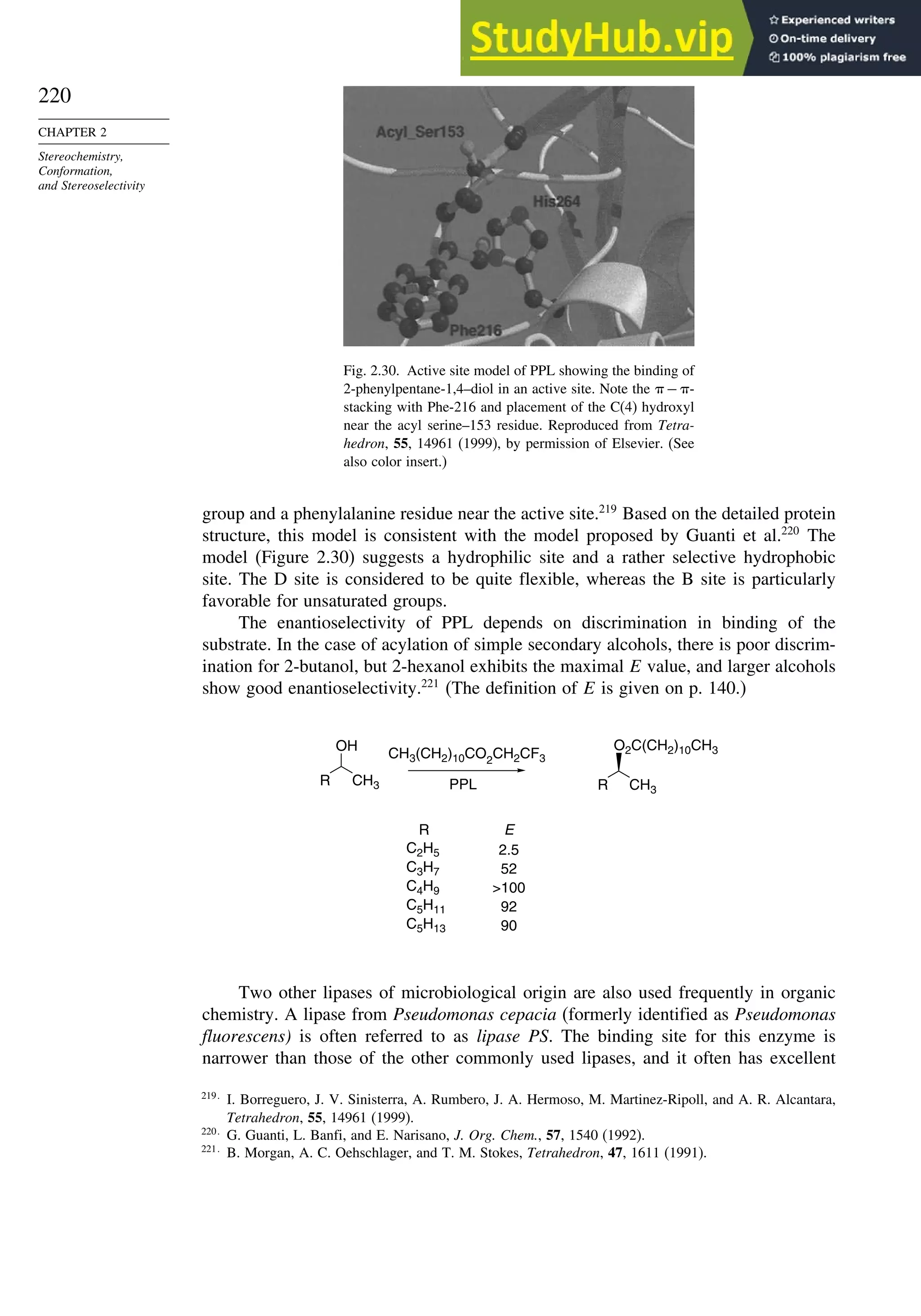 220
CHAPTER 2
Stereochemistry,
Conformation,
and Stereoselectivity
Fig. 2.30. Active site model of PPL showing the binding of
2-phenylpentane-1,4–diol in an active site. Note the  −-
stacking with Phe-216 and placement of the C(4) hydroxyl
near the acyl serine–153 residue. Reproduced from Tetra-
hedron, 55, 14961 (1999), by permission of Elsevier. (See
also color insert.)
group and a phenylalanine residue near the active site.219
Based on the detailed protein
structure, this model is consistent with the model proposed by Guanti et al.220
The
model (Figure 2.30) suggests a hydrophilic site and a rather selective hydrophobic
site. The D site is considered to be quite flexible, whereas the B site is particularly
favorable for unsaturated groups.
The enantioselectivity of PPL depends on discrimination in binding of the
substrate. In the case of acylation of simple secondary alcohols, there is poor discrim-
ination for 2-butanol, but 2-hexanol exhibits the maximal E value, and larger alcohols
show good enantioselectivity.221
(The definition of E is given on p. 140.)
R
OH
CH3
CH3(CH2)10CO2
CH2CF3
R
O2C(CH2)10CH3
CH3
R
PPL
E
2.5
52
100
92
C2H5
C3H7
C4H9
C5H11
C5H13 90
Two other lipases of microbiological origin are also used frequently in organic
chemistry. A lipase from Pseudomonas cepacia (formerly identified as Pseudomonas
fluorescens) is often referred to as lipase PS. The binding site for this enzyme is
narrower than those of the other commonly used lipases, and it often has excellent
219
I. Borreguero, J. V. Sinisterra, A. Rumbero, J. A. Hermoso, M. Martinez-Ripoll, and A. R. Alcantara,
Tetrahedron, 55, 14961 (1999).
220
G. Guanti, L. Banfi, and E. Narisano, J. Org. Chem., 57, 1540 (1992).
221
B. Morgan, A. C. Oehschlager, and T. M. Stokes, Tetrahedron, 47, 1611 (1991).
 