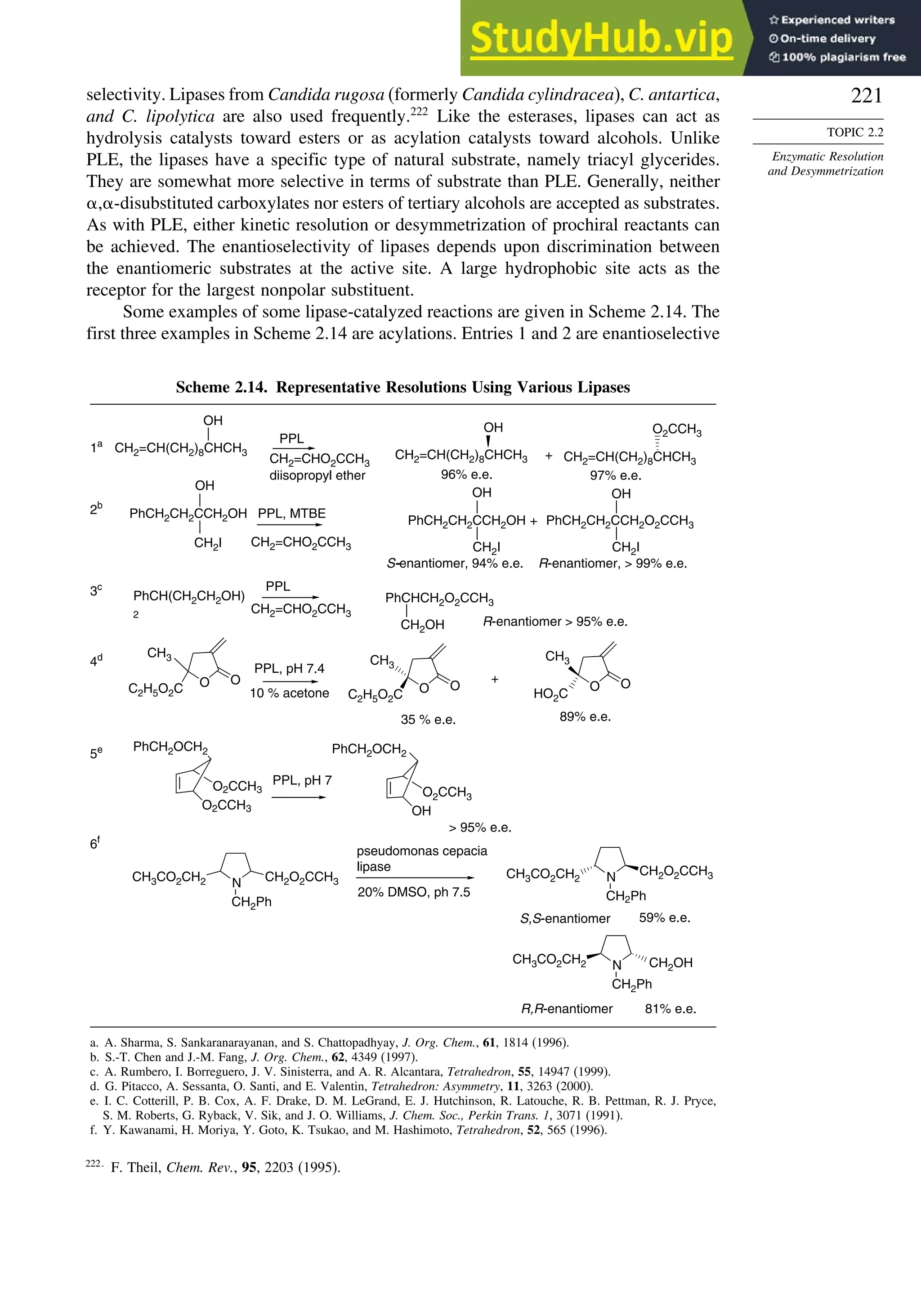 221
TOPIC 2.2
Enzymatic Resolution
and Desymmetrization
selectivity. Lipases from Candida rugosa (formerly Candida cylindracea), C. antartica,
and C. lipolytica are also used frequently.222
Like the esterases, lipases can act as
hydrolysis catalysts toward esters or as acylation catalysts toward alcohols. Unlike
PLE, the lipases have a specific type of natural substrate, namely triacyl glycerides.
They are somewhat more selective in terms of substrate than PLE. Generally, neither
,-disubstituted carboxylates nor esters of tertiary alcohols are accepted as substrates.
As with PLE, either kinetic resolution or desymmetrization of prochiral reactants can
be achieved. The enantioselectivity of lipases depends upon discrimination between
the enantiomeric substrates at the active site. A large hydrophobic site acts as the
receptor for the largest nonpolar substituent.
Some examples of some lipase-catalyzed reactions are given in Scheme 2.14. The
first three examples in Scheme 2.14 are acylations. Entries 1 and 2 are enantioselective
Scheme 2.14. Representative Resolutions Using Various Lipases
OH O2CCH3
O O
CH3 CH3
CH3
C2H5O2C O O
C2H5O2C
O O
HO2C
PhCH2CH2CCH2OH
CH2I
OH
PhCH2CH2CCH2OH
CH2I
OH
+
O2CCH3
O2CCH3
PhCH2OCH2 PhCH2OCH2
OH
O2CCH3
N
CH2Ph
CH2O2CCH3
CH3CO2CH2 N
CH2Ph
CH2O2CCH3
CH3CO2CH2
N
CH2Ph
CH2OH
CH3CO2CH2
OH
CH2OH
PhCH(CH2CH2OH)
2
PPL
diisopropyl ether 96% e.e.
+
97% e.e.
1a
PPL, pH 7.4
10 % acetone
35 % e.e.
+
89% e.e.
2b
3c
4d
PPL, MTBE
S-enantiomer, 94% e.e. R-enantiomer,  99% e.e.
5e
PPL, pH 7
 95% e.e.
6f
pseudomonas cepacia
lipase
20% DMSO, ph 7.5
S,S-enantiomer 59% e.e.
R,R-enantiomer 81% e.e.
PPL
R-enantiomer  95% e.e.
CH2=CH(CH2)8CHCH3
CH2=CHO2CCH3
CH2=CH(CH2)8CHCH3 CH2=CH(CH2)8CHCH3
CH2=CHO2CCH3
CH2=CHO2CCH3
PhCHCH2O2CCH3
PhCH2CH2CCH2O2CCH3
CH2I
OH
a. A. Sharma, S. Sankaranarayanan, and S. Chattopadhyay, J. Org. Chem., 61, 1814 (1996).
b. S.-T. Chen and J.-M. Fang, J. Org. Chem., 62, 4349 (1997).
c. A. Rumbero, I. Borreguero, J. V. Sinisterra, and A. R. Alcantara, Tetrahedron, 55, 14947 (1999).
d. G. Pitacco, A. Sessanta, O. Santi, and E. Valentin, Tetrahedron: Asymmetry, 11, 3263 (2000).
e. I. C. Cotterill, P. B. Cox, A. F. Drake, D. M. LeGrand, E. J. Hutchinson, R. Latouche, R. B. Pettman, R. J. Pryce,
S. M. Roberts, G. Ryback, V. Sik, and J. O. Williams, J. Chem. Soc., Perkin Trans. 1, 3071 (1991).
f. Y. Kawanami, H. Moriya, Y. Goto, K. Tsukao, and M. Hashimoto, Tetrahedron, 52, 565 (1996).
222
F. Theil, Chem. Rev., 95, 2203 (1995).
 