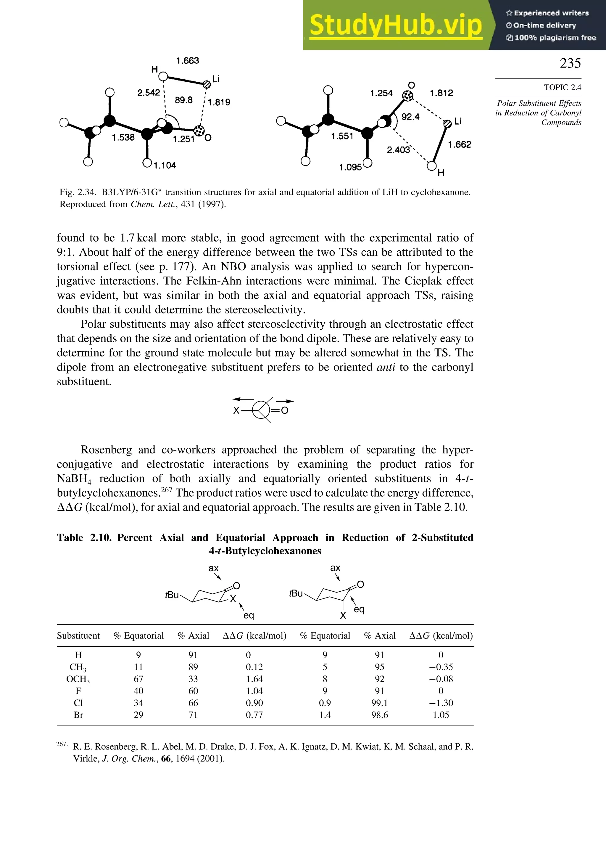 235
TOPIC 2.4
Polar Substituent Effects
in Reduction of Carbonyl
Compounds
Fig. 2.34. B3LYP/6-31G∗
transition structures for axial and equatorial addition of LiH to cyclohexanone.
Reproduced from Chem. Lett., 431 (1997).
found to be 1.7 kcal more stable, in good agreement with the experimental ratio of
9:1. About half of the energy difference between the two TSs can be attributed to the
torsional effect (see p. 177). An NBO analysis was applied to search for hypercon-
jugative interactions. The Felkin-Ahn interactions were minimal. The Cieplak effect
was evident, but was similar in both the axial and equatorial approach TSs, raising
doubts that it could determine the stereoselectivity.
Polar substituents may also affect stereoselectivity through an electrostatic effect
that depends on the size and orientation of the bond dipole. These are relatively easy to
determine for the ground state molecule but may be altered somewhat in the TS. The
dipole from an electronegative substituent prefers to be oriented anti to the carbonyl
substituent.
O
X
Rosenberg and co-workers approached the problem of separating the hyper-
conjugative and electrostatic interactions by examining the product ratios for
NaBH4 reduction of both axially and equatorially oriented substituents in 4-t-
butylcyclohexanones.267
The product ratios were used to calculate the energy difference,
G (kcal/mol), for axial and equatorial approach. The results are given in Table 2.10.
Table 2.10. Percent Axial and Equatorial Approach in Reduction of 2-Substituted
4-t-Butylcyclohexanones
X
O
eq
ax
tBu
X
ax
eq
tBu
O
Substituent % Equatorial % Axial G (kcal/mol) % Equatorial % Axial G (kcal/mol)
H 9 91 0 9 91 0
CH3 11 89 0 12 5 95 −0 35
OCH3 67 33 1 64 8 92 −0 08
F 40 60 1 04 9 91 0
Cl 34 66 0 90 0.9 99.1 −1 30
Br 29 71 0 77 1.4 98.6 1.05
267
R. E. Rosenberg, R. L. Abel, M. D. Drake, D. J. Fox, A. K. Ignatz, D. M. Kwiat, K. M. Schaal, and P. R.
Virkle, J. Org. Chem., 66, 1694 (2001).
 