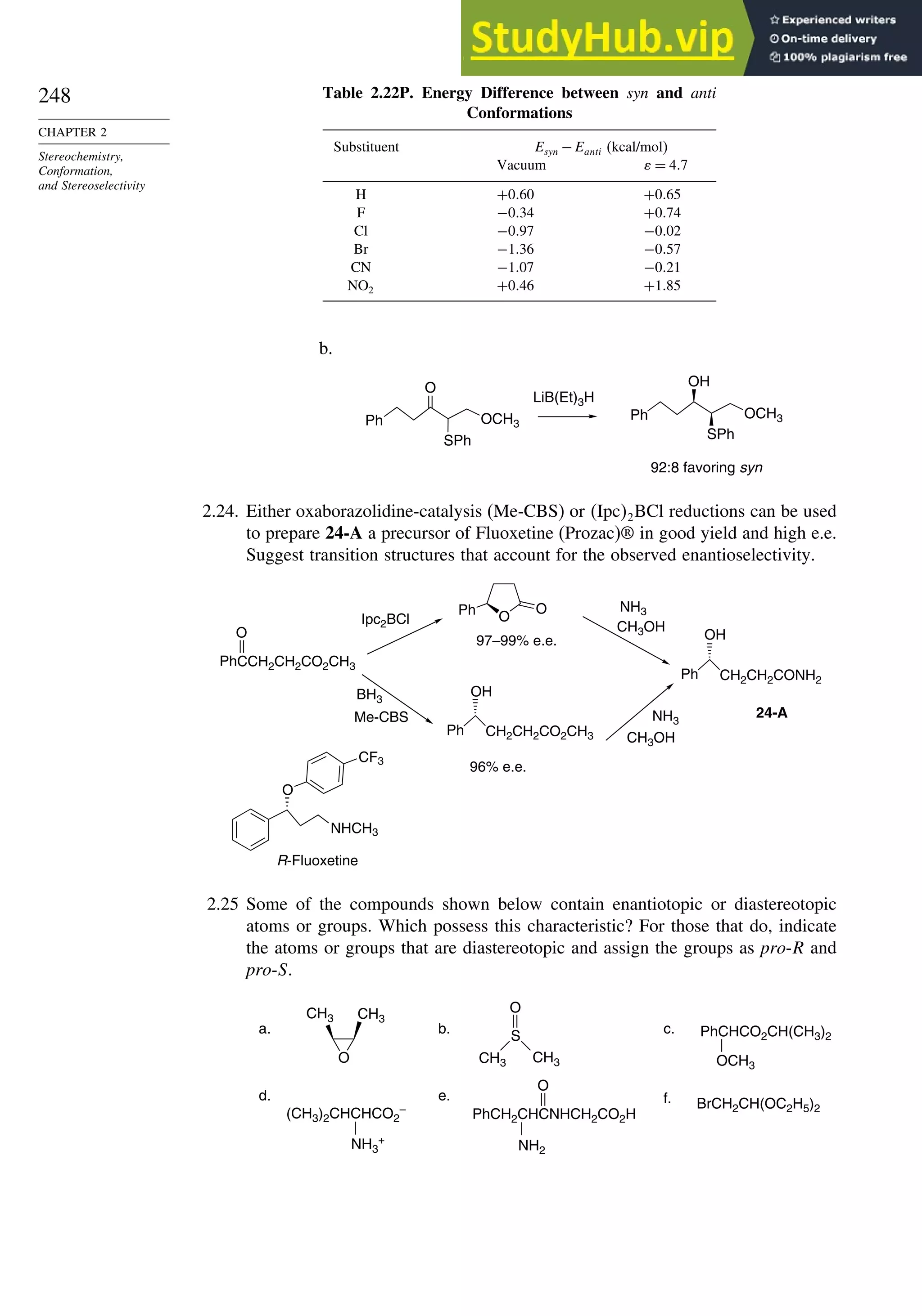 248
CHAPTER 2
Stereochemistry,
Conformation,
and Stereoselectivity
Table 2.22P. Energy Difference between syn and anti
Conformations
Substituent Esyn −Eanti (kcal/mol)
Vacuum  = 4 7
H +0 60 +0 65
F −0 34 +0 74
Cl −0 97 −0 02
Br −1 36 −0 57
CN −1 07 −0 21
NO2 +0 46 +1 85
b.
Ph
O
OCH3
SPh
LiB(Et)3H
Ph
OH
OCH3
SPh
92:8 favoring syn
2.24. Either oxaborazolidine-catalysis (Me-CBS) or Ipc2BCl reductions can be used
to prepare 24-A a precursor of Fluoxetine (Prozac)® in good yield and high e.e.
Suggest transition structures that account for the observed enantioselectivity.
PhCCH2CH2CO2CH3
O
O
O
Ph
Ph CH2CH2CO2CH3
OH
NH3
CH3OH
Ph CH2CH2CONH2
OH
NHCH3
O
CF3
BH3
97–99% e.e.
96% e.e.
R-Fluoxetine
Ipc2BCl
Me-CBS
CH3OH
NH3
24-A
2.25 Some of the compounds shown below contain enantiotopic or diastereotopic
atoms or groups. Which possess this characteristic? For those that do, indicate
the atoms or groups that are diastereotopic and assign the groups as pro-R and
pro-S.
OCH3
O
BrCH2CH(OC2H5)2
S
CH3
O
CH3
O
b. c.
d. e. f.
a. PhCHCO2CH(CH3)2
(CH3)2CHCHCO2
–
PhCH2CHCNHCH2CO2H
CH3 CH3
NH3
+
NH2
 