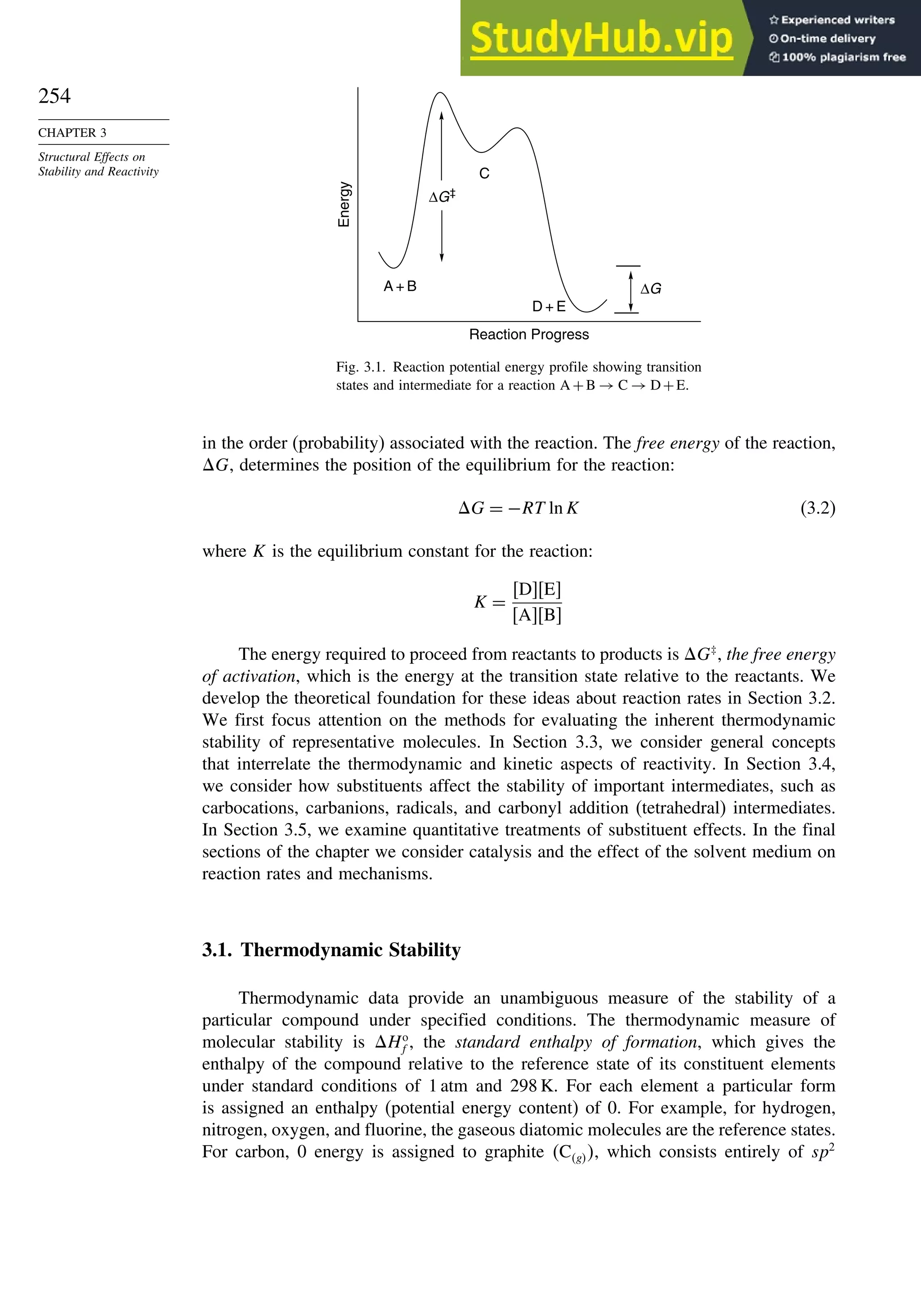 254
CHAPTER 3
Structural Effects on
Stability and Reactivity C
A + B ΔG
ΔG‡
D + E
Reaction Progress
Energy
Fig. 3.1. Reaction potential energy profile showing transition
states and intermediate for a reaction A +B → C → D+E.
in the order (probability) associated with the reaction. The free energy of the reaction,
G, determines the position of the equilibrium for the reaction:
G = −RT ln K (3.2)
where K is the equilibrium constant for the reaction:
K =
DE
AB
The energy required to proceed from reactants to products is G‡
, the free energy
of activation, which is the energy at the transition state relative to the reactants. We
develop the theoretical foundation for these ideas about reaction rates in Section 3.2.
We first focus attention on the methods for evaluating the inherent thermodynamic
stability of representative molecules. In Section 3.3, we consider general concepts
that interrelate the thermodynamic and kinetic aspects of reactivity. In Section 3.4,
we consider how substituents affect the stability of important intermediates, such as
carbocations, carbanions, radicals, and carbonyl addition (tetrahedral) intermediates.
In Section 3.5, we examine quantitative treatments of substituent effects. In the final
sections of the chapter we consider catalysis and the effect of the solvent medium on
reaction rates and mechanisms.
3.1. Thermodynamic Stability
Thermodynamic data provide an unambiguous measure of the stability of a
particular compound under specified conditions. The thermodynamic measure of
molecular stability is Ho
f , the standard enthalpy of formation, which gives the
enthalpy of the compound relative to the reference state of its constituent elements
under standard conditions of 1 atm and 298 K. For each element a particular form
is assigned an enthalpy (potential energy content) of 0. For example, for hydrogen,
nitrogen, oxygen, and fluorine, the gaseous diatomic molecules are the reference states.
For carbon, 0 energy is assigned to graphite Cg, which consists entirely of sp2
 