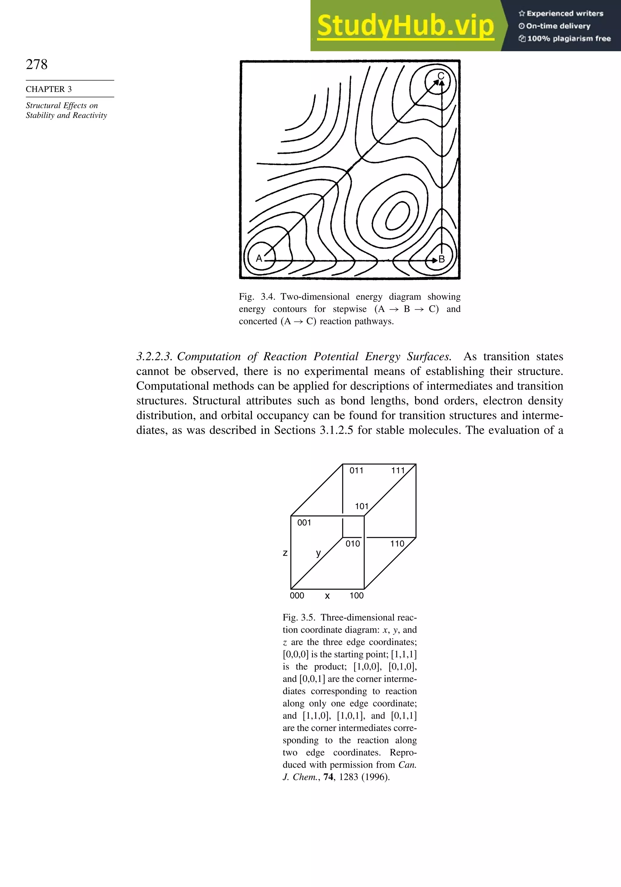 278
CHAPTER 3
Structural Effects on
Stability and Reactivity
A B
C
Fig. 3.4. Two-dimensional energy diagram showing
energy contours for stepwise A → B → C and
concerted A → C reaction pathways.
3.2.2.3. Computation of Reaction Potential Energy Surfaces. As transition states
cannot be observed, there is no experimental means of establishing their structure.
Computational methods can be applied for descriptions of intermediates and transition
structures. Structural attributes such as bond lengths, bond orders, electron density
distribution, and orbital occupancy can be found for transition structures and interme-
diates, as was described in Sections 3.1.2.5 for stable molecules. The evaluation of a
z y
000 100
x
001
011 111
101
010 110
Fig. 3.5. Three-dimensional reac-
tion coordinate diagram: x, y, and
z are the three edge coordinates;
[0,0,0] is the starting point; [1,1,1]
is the product; [1,0,0], [0,1,0],
and [0,0,1] are the corner interme-
diates corresponding to reaction
along only one edge coordinate;
and [1,1,0], [1,0,1], and [0,1,1]
are the corner intermediates corre-
sponding to the reaction along
two edge coordinates. Repro-
duced with permission from Can.
J. Chem., 74, 1283 (1996).
 