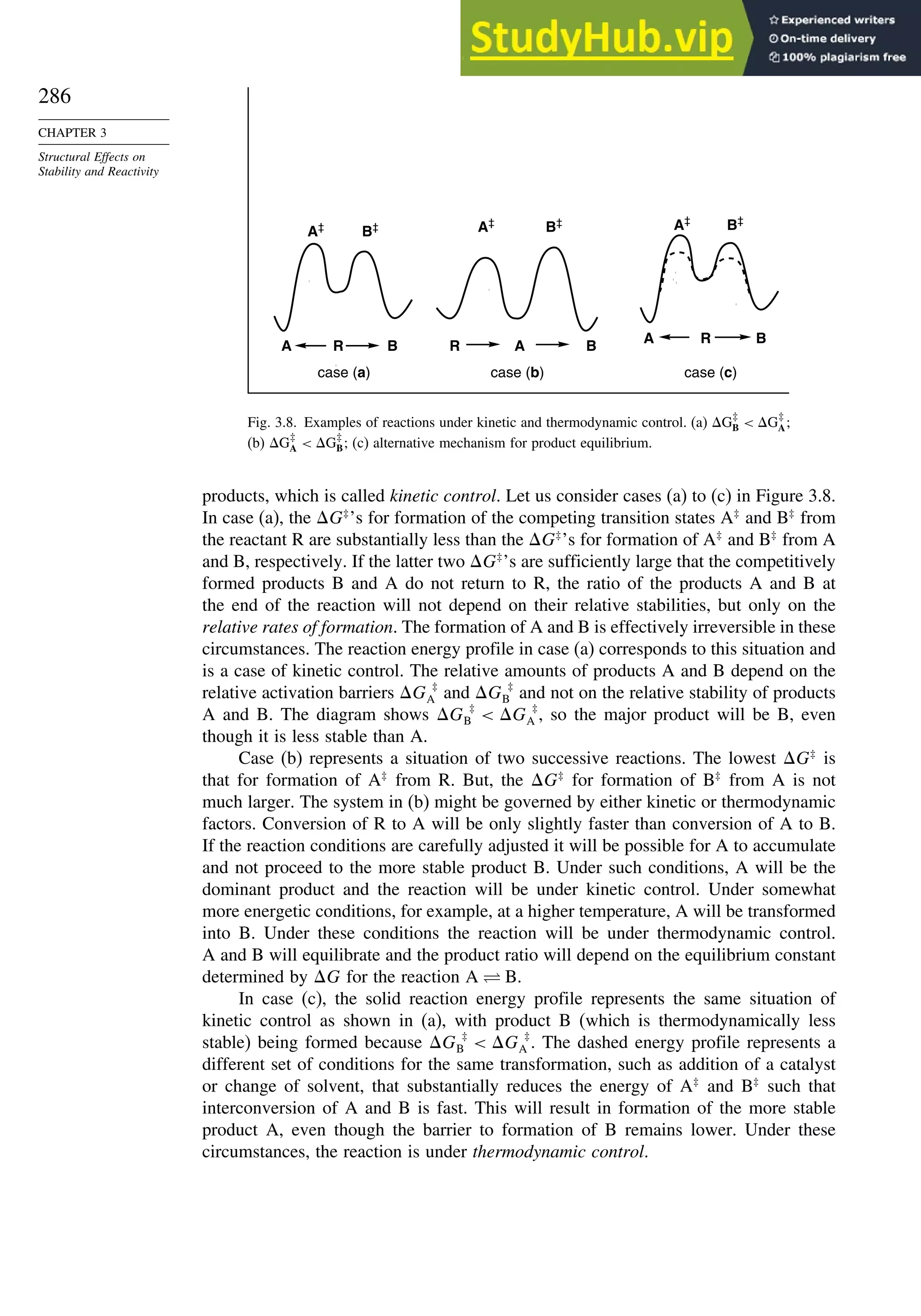 286
CHAPTER 3
Structural Effects on
Stability and Reactivity
case (a) case (b) case (c)
A R B
B‡
R A B
A B
R
A‡ A‡
B‡ A‡
B‡
Fig. 3.8. Examples of reactions under kinetic and thermodynamic control. (a) G‡
B  G‡
A;
(b) G‡
A  G‡
B; (c) alternative mechanism for product equilibrium.
products, which is called kinetic control. Let us consider cases (a) to (c) in Figure 3.8.
In case (a), the G‡
’s for formation of the competing transition states A‡
and B‡
from
the reactant R are substantially less than the G‡
’s for formation of A‡
and B‡
from A
and B, respectively. If the latter two G‡
’s are sufficiently large that the competitively
formed products B and A do not return to R, the ratio of the products A and B at
the end of the reaction will not depend on their relative stabilities, but only on the
relative rates of formation. The formation of A and B is effectively irreversible in these
circumstances. The reaction energy profile in case (a) corresponds to this situation and
is a case of kinetic control. The relative amounts of products A and B depend on the
relative activation barriers G ‡
A and G ‡
B and not on the relative stability of products
A and B. The diagram shows G ‡
B  G ‡
A , so the major product will be B, even
though it is less stable than A.
Case (b) represents a situation of two successive reactions. The lowest G‡
is
that for formation of A‡
from R. But, the G‡
for formation of B‡
from A is not
much larger. The system in (b) might be governed by either kinetic or thermodynamic
factors. Conversion of R to A will be only slightly faster than conversion of A to B.
If the reaction conditions are carefully adjusted it will be possible for A to accumulate
and not proceed to the more stable product B. Under such conditions, A will be the
dominant product and the reaction will be under kinetic control. Under somewhat
more energetic conditions, for example, at a higher temperature, A will be transformed
into B. Under these conditions the reaction will be under thermodynamic control.
A and B will equilibrate and the product ratio will depend on the equilibrium constant
determined by G for the reaction A ⇋ B.
In case (c), the solid reaction energy profile represents the same situation of
kinetic control as shown in (a), with product B (which is thermodynamically less
stable) being formed because G ‡
B  G ‡
A . The dashed energy profile represents a
different set of conditions for the same transformation, such as addition of a catalyst
or change of solvent, that substantially reduces the energy of A‡
and B‡
such that
interconversion of A and B is fast. This will result in formation of the more stable
product A, even though the barrier to formation of B remains lower. Under these
circumstances, the reaction is under thermodynamic control.
 