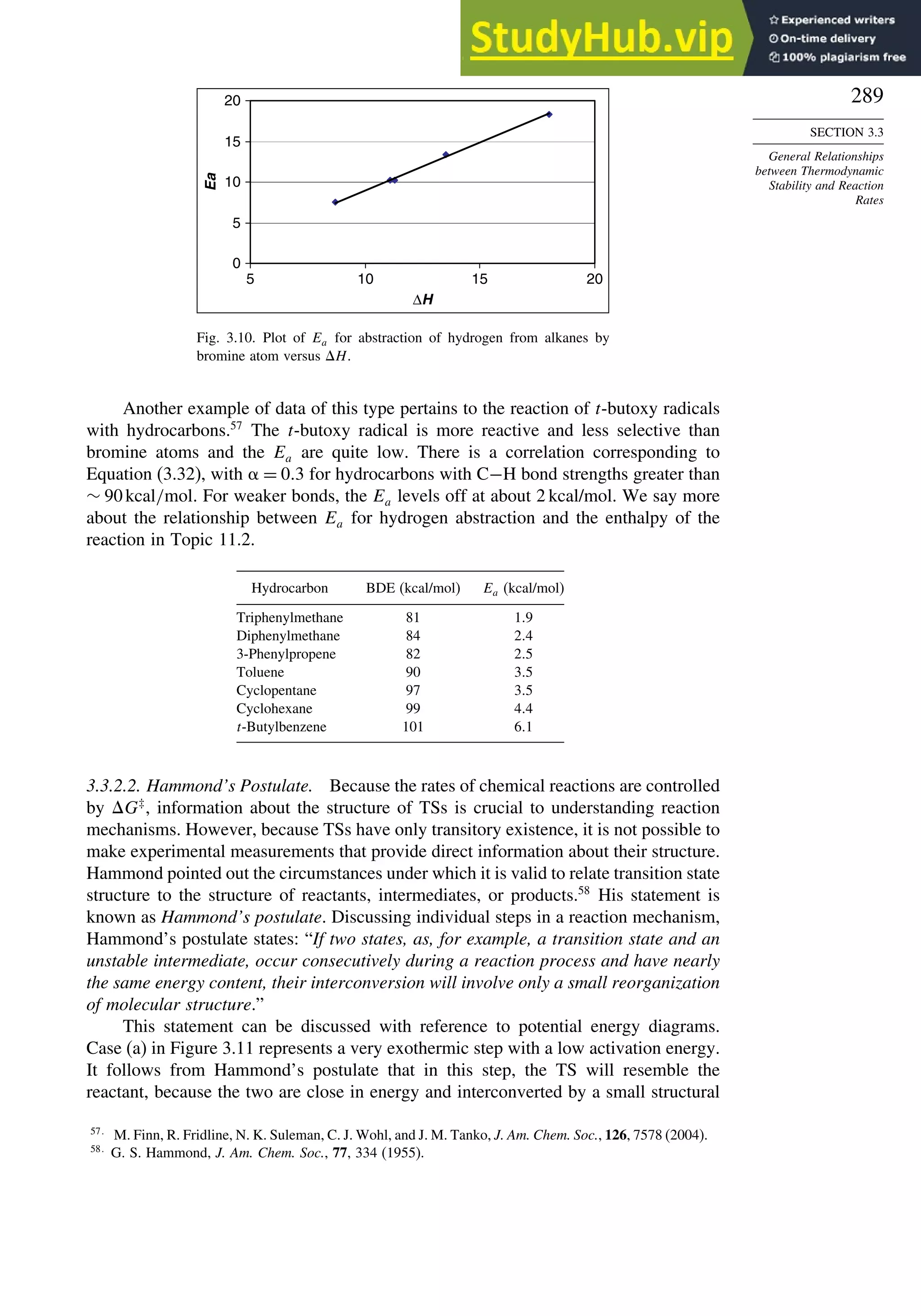 289
SECTION 3.3
General Relationships
between Thermodynamic
Stability and Reaction
Rates
0
5
10
15
20
5
ΔH
Ea
10 15 20
Fig. 3.10. Plot of Ea for abstraction of hydrogen from alkanes by
bromine atom versus H.
Another example of data of this type pertains to the reaction of t-butoxy radicals
with hydrocarbons.57
The t-butoxy radical is more reactive and less selective than
bromine atoms and the Ea are quite low. There is a correlation corresponding to
Equation (3.32), with = 03 for hydrocarbons with C−H bond strengths greater than
∼ 90kcal/mol. For weaker bonds, the Ea levels off at about 2 kcal/mol. We say more
about the relationship between Ea for hydrogen abstraction and the enthalpy of the
reaction in Topic 11.2.
Hydrocarbon BDE (kcal/mol) Ea (kcal/mol)
Triphenylmethane 81 19
Diphenylmethane 84 24
3-Phenylpropene 82 25
Toluene 90 35
Cyclopentane 97 35
Cyclohexane 99 44
t-Butylbenzene 101 61
3.3.2.2. Hammond’s Postulate. Because the rates of chemical reactions are controlled
by G‡
, information about the structure of TSs is crucial to understanding reaction
mechanisms. However, because TSs have only transitory existence, it is not possible to
make experimental measurements that provide direct information about their structure.
Hammond pointed out the circumstances under which it is valid to relate transition state
structure to the structure of reactants, intermediates, or products.58
His statement is
known as Hammond’s postulate. Discussing individual steps in a reaction mechanism,
Hammond’s postulate states: “If two states, as, for example, a transition state and an
unstable intermediate, occur consecutively during a reaction process and have nearly
the same energy content, their interconversion will involve only a small reorganization
of molecular structure.”
This statement can be discussed with reference to potential energy diagrams.
Case (a) in Figure 3.11 represents a very exothermic step with a low activation energy.
It follows from Hammond’s postulate that in this step, the TS will resemble the
reactant, because the two are close in energy and interconverted by a small structural
57
M. Finn, R. Fridline, N. K. Suleman, C. J. Wohl, and J. M. Tanko, J. Am. Chem. Soc., 126, 7578 (2004).
58
G. S. Hammond, J. Am. Chem. Soc., 77, 334 (1955).
 