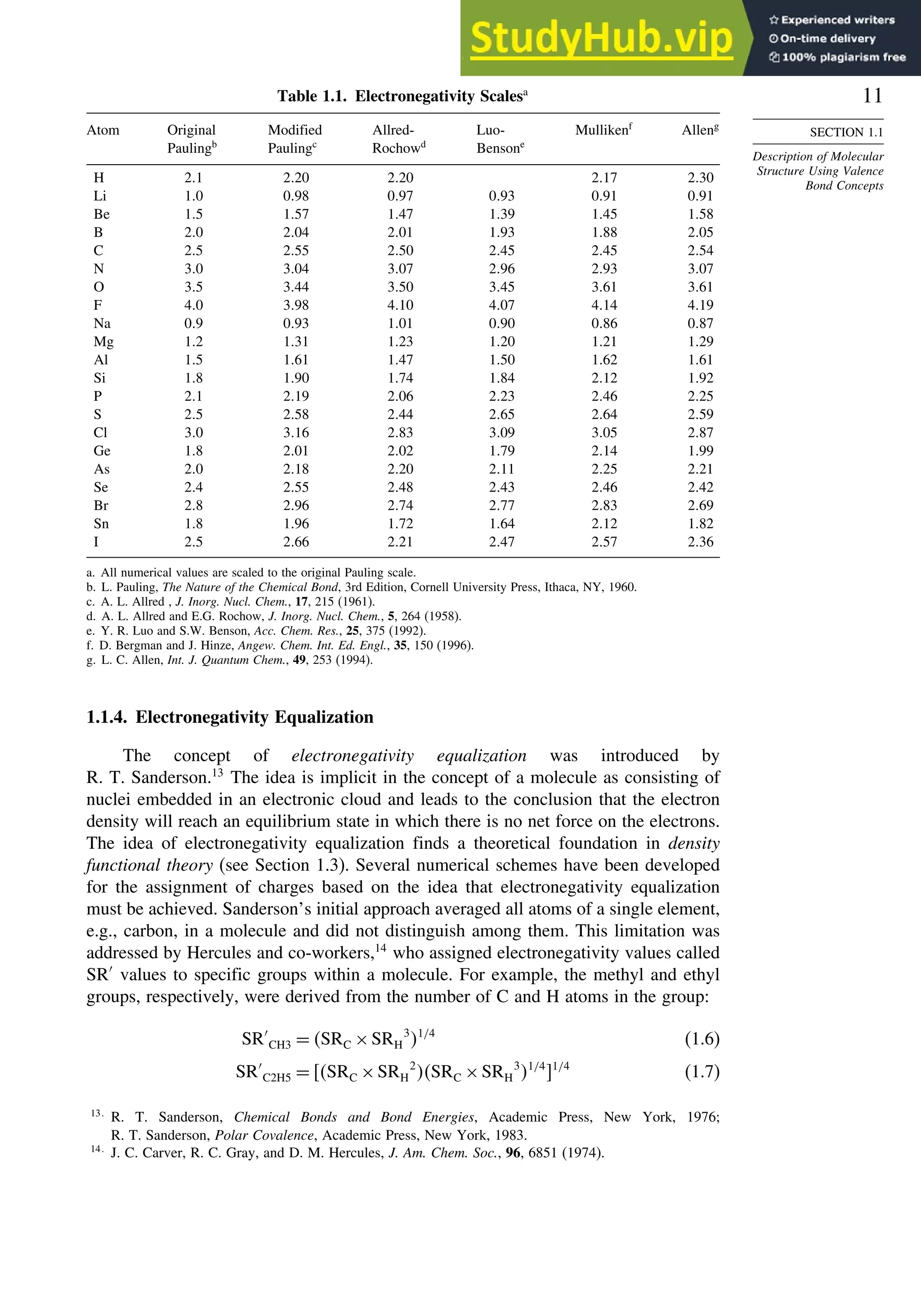 11
SECTION 1.1
Description of Molecular
Structure Using Valence
Bond Concepts
Table 1.1. Electronegativity Scalesa
Atom Original
Paulingb
Modified
Paulingc
Allred-
Rochowd
Luo-
Bensone
Mullikenf
Alleng
H 21 220 220 217 230
Li 10 098 097 093 091 091
Be 15 157 147 139 145 158
B 20 204 201 193 188 205
C 25 255 250 245 245 254
N 30 304 307 296 293 307
O 35 344 350 345 361 361
F 40 398 410 407 414 419
Na 09 093 101 090 086 087
Mg 12 131 123 120 121 129
Al 15 161 147 150 162 161
Si 18 190 174 184 212 192
P 21 219 206 223 246 225
S 25 258 244 265 264 259
Cl 30 316 283 309 305 287
Ge 18 201 202 179 214 199
As 20 218 220 211 225 221
Se 24 255 248 243 246 242
Br 28 296 274 277 283 269
Sn 18 196 172 164 212 182
I 25 266 221 247 257 236
a. All numerical values are scaled to the original Pauling scale.
b. L. Pauling, The Nature of the Chemical Bond, 3rd Edition, Cornell University Press, Ithaca, NY, 1960.
c. A. L. Allred , J. Inorg. Nucl. Chem., 17, 215 (1961).
d. A. L. Allred and E.G. Rochow, J. Inorg. Nucl. Chem., 5, 264 (1958).
e. Y. R. Luo and S.W. Benson, Acc. Chem. Res., 25, 375 (1992).
f. D. Bergman and J. Hinze, Angew. Chem. Int. Ed. Engl., 35, 150 (1996).
g. L. C. Allen, Int. J. Quantum Chem., 49, 253 (1994).
1.1.4. Electronegativity Equalization
The concept of electronegativity equalization was introduced by
R. T. Sanderson.13
The idea is implicit in the concept of a molecule as consisting of
nuclei embedded in an electronic cloud and leads to the conclusion that the electron
density will reach an equilibrium state in which there is no net force on the electrons.
The idea of electronegativity equalization finds a theoretical foundation in density
functional theory (see Section 1.3). Several numerical schemes have been developed
for the assignment of charges based on the idea that electronegativity equalization
must be achieved. Sanderson’s initial approach averaged all atoms of a single element,
e.g., carbon, in a molecule and did not distinguish among them. This limitation was
addressed by Hercules and co-workers,14
who assigned electronegativity values called
SR′
values to specific groups within a molecule. For example, the methyl and ethyl
groups, respectively, were derived from the number of C and H atoms in the group:
SR′
CH3 = SRC ×SRH
3
1/4
(1.6)
SR′
C2H5 = SRC ×SRH
2
SRC ×SRH
3
1/4 1/4
(1.7)
13
R. T. Sanderson, Chemical Bonds and Bond Energies, Academic Press, New York, 1976;
R. T. Sanderson, Polar Covalence, Academic Press, New York, 1983.
14
J. C. Carver, R. C. Gray, and D. M. Hercules, J. Am. Chem. Soc., 96, 6851 (1974).
 