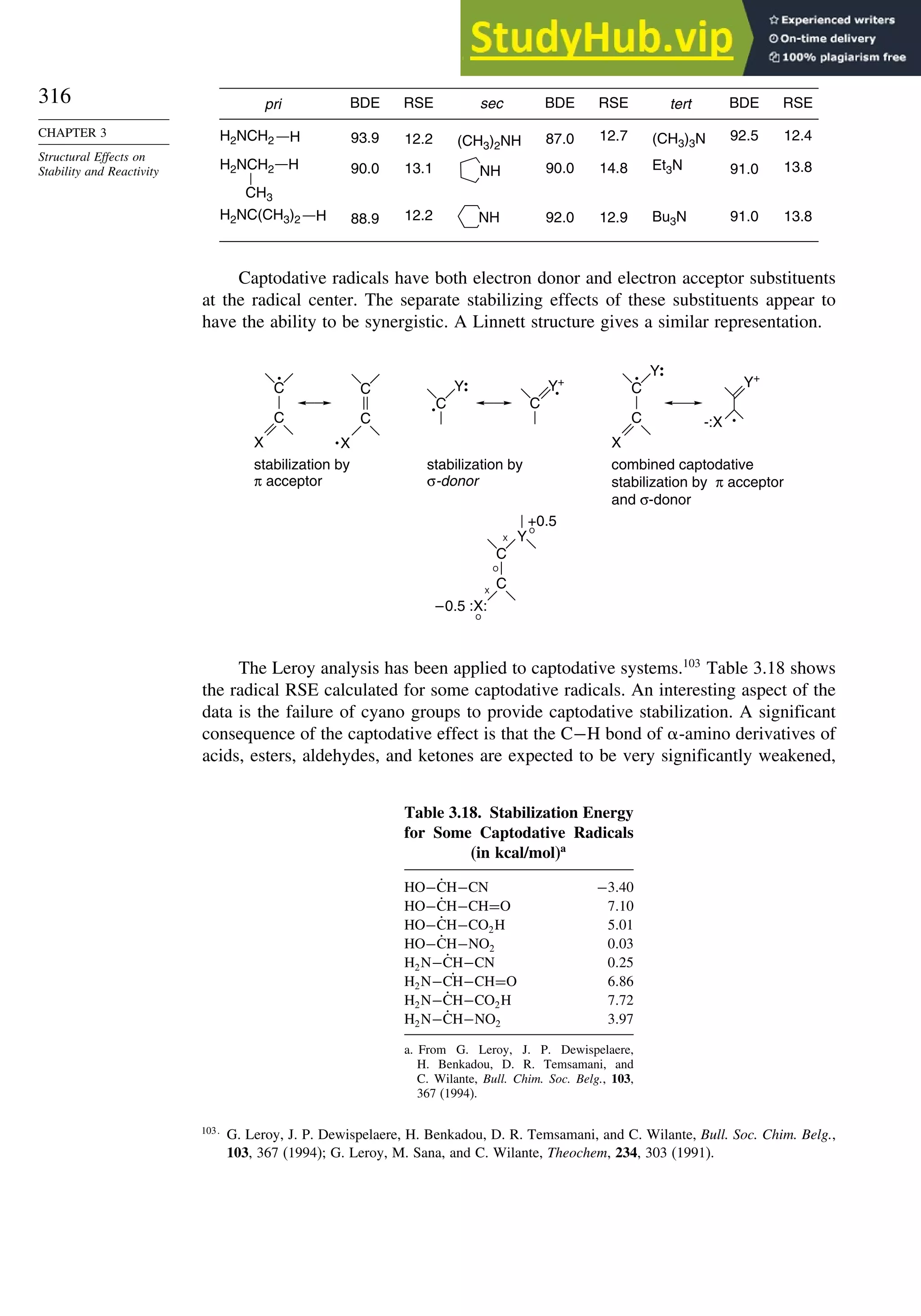 316
CHAPTER 3
Structural Effects on
Stability and Reactivity
NH
NH
(CH3)2NH
sec
BDE
93.9
90.0
88.9
RSE
12.2
13.1
12.2
BDE
87.0
90.0
92.0
RSE
12.7
14.8
12.9
(CH3)3N
Bu3N
Et3N
tert BDE
92.5
91.0
91.0
RSE
12.4
13.8
13.8
pri
H2NC(CH3)2 H
CH3
H2NCH2 H
H2NCH2 H
Captodative radicals have both electron donor and electron acceptor substituents
at the radical center. The separate stabilizing effects of these substituents appear to
have the ability to be synergistic. A Linnett structure gives a similar representation.
stabilization by
π acceptor
stabilization by
σ-donor
combined captodative
stabilization by π acceptor
and σ-donor
Y
+0.5
O
O
O
X
X
C
–0.5 :X:
C
C
X
C
Y
-:X
Y+
Y
C
Y+
C
C
X
C
C
X
C
The Leroy analysis has been applied to captodative systems.103
Table 3.18 shows
the radical RSE calculated for some captodative radicals. An interesting aspect of the
data is the failure of cyano groups to provide captodative stabilization. A significant
consequence of the captodative effect is that the C−H bond of -amino derivatives of
acids, esters, aldehydes, and ketones are expected to be very significantly weakened,
Table 3.18. Stabilization Energy
for Some Captodative Radicals
(in kcal/mol)a
HO−ĊH−CN −340
HO−ĊH−CH=O 710
HO−ĊH−CO2H 501
HO−ĊH−NO2 003
H2N−ĊH−CN 025
H2N− ˙
CH−CH=O 686
H2N−ĊH−CO2H 772
H2N−ĊH−NO2 397
a. From G. Leroy, J. P. Dewispelaere,
H. Benkadou, D. R. Temsamani, and
C. Wilante, Bull. Chim. Soc. Belg., 103,
367 (1994).
103
G. Leroy, J. P. Dewispelaere, H. Benkadou, D. R. Temsamani, and C. Wilante, Bull. Soc. Chim. Belg.,
103, 367 (1994); G. Leroy, M. Sana, and C. Wilante, Theochem, 234, 303 (1991).
 