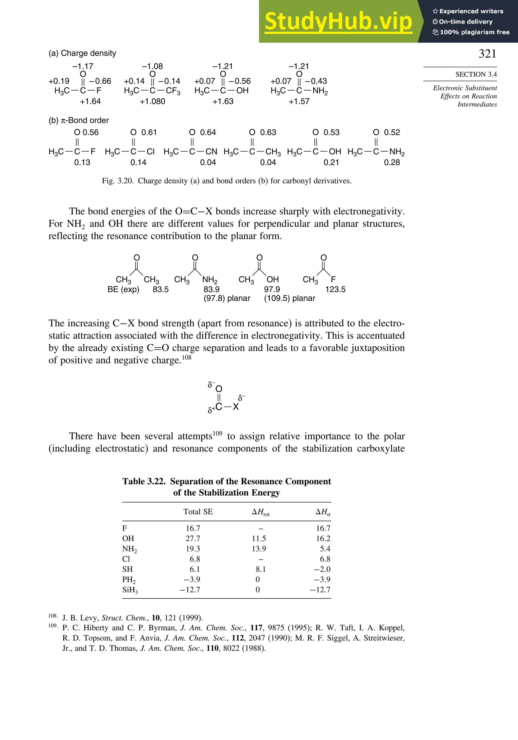321
SECTION 3.4
Electronic Substituent
Effects on Reaction
Intermediates
(a) Charge density
(b) π-Bond order
C
O
+1.64
–0.66
+0.19
–1.17
H3C F C
O
+1.080
–0.14
+0.14
–1.08
H3C CF3 C
O
+1.63
–0.56
+0.07
–1.21
H3C OH C
O
+1.57
–0.43
+0.07
–1.21
H3C NH2
C
O
0.13
0.56
H3C F C
O
0.14
0.61
H3C Cl C
O
0.04
0.64
H3C CN C
O
0.04
0.63
H3C CH3 C
O
0.21
0.53
H3C OH C
O
0.28
0.52
H3C NH2
Fig. 3.20. Charge density (a) and bond orders (b) for carbonyl derivatives.
The bond energies of the O=C−X bonds increase sharply with electronegativity.
For NH2 and OH there are different values for perpendicular and planar structures,
reflecting the resonance contribution to the planar form.
O
CH3
CH3
BE (exp) 83.5 83.9 97.9 123.5
(97.8) planar (109.5) planar
O
NH2
CH3
O
OH
CH3
O
F
CH3
The increasing C−X bond strength (apart from resonance) is attributed to the electro-
static attraction associated with the difference in electronegativity. This is accentuated
by the already existing C=O charge separation and leads to a favorable juxtaposition
of positive and negative charge.108
X
O
δ−
δ−
δ+C
There have been several attempts109
to assign relative importance to the polar
(including electrostatic) and resonance components of the stabilization carboxylate
Table 3.22. Separation of the Resonance Component
of the Stabilization Energy
Total SE Hrot H
F 167 – 167
OH 277 115 162
NH2 193 139 54
Cl 68 – 68
SH 61 81 −20
PH2 −39 0 −39
SiH3 −127 0 −127
108
J. B. Levy, Struct. Chem., 10, 121 (1999).
109
P. C. Hiberty and C. P. Byrman, J. Am. Chem. Soc., 117, 9875 (1995); R. W. Taft, I. A. Koppel,
R. D. Topsom, and F. Anvia, J. Am. Chem. Soc., 112, 2047 (1990); M. R. F. Siggel, A. Streitwieser,
Jr., and T. D. Thomas, J. Am. Chem. Soc., 110, 8022 (1988).
 