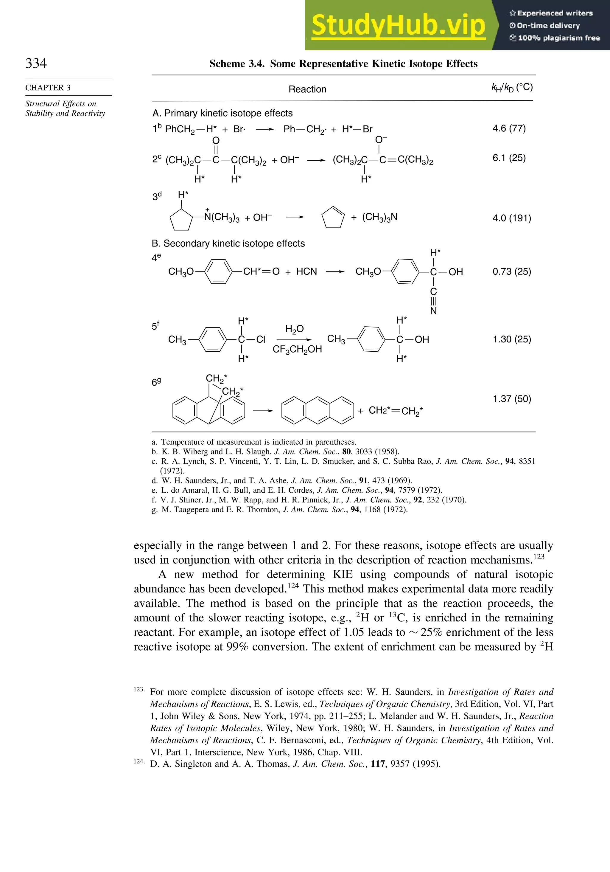 334
CHAPTER 3
Structural Effects on
Stability and Reactivity
Scheme 3.4. Some Representative Kinetic Isotope Effects
Reaction kH/kD (°C)
4e
4.6 (77)
6.1 (25)
4.0 (191)
1.30 (25)
1.37 (50)
0.73 (25)
CH3O CH* O + HCN CH3O C
H*
OH
C
N
H*
N(CH3)3 + OH–
+
3d
+ (CH3)3N
B. Secondary kinetic isotope effects
A. Primary kinetic isotope effects
PhCH2 H* + Br· Ph CH2· + H* Br
1b
(CH3)2
H* H*
C C
O
C(CH3)2 + OH– (CH3)2C C
H*
O–
C(CH3)2
2c
CH3 C
H*
Cl
H*
CH3 C
H*
OH
H*
H2O
CF3CH2OH
5f
+ CH2* CH2*
6g CH2*
CH2*
a. Temperature of measurement is indicated in parentheses.
b. K. B. Wiberg and L. H. Slaugh, J. Am. Chem. Soc., 80, 3033 (1958).
c. R. A. Lynch, S. P. Vincenti, Y. T. Lin, L. D. Smucker, and S. C. Subba Rao, J. Am. Chem. Soc., 94, 8351
(1972).
d. W. H. Saunders, Jr., and T. A. Ashe, J. Am. Chem. Soc., 91, 473 (1969).
e. L. do Amaral, H. G. Bull, and E. H. Cordes, J. Am. Chem. Soc., 94, 7579 (1972).
f. V. J. Shiner, Jr., M. W. Rapp, and H. R. Pinnick, Jr., J. Am. Chem. Soc., 92, 232 (1970).
g. M. Taagepera and E. R. Thornton, J. Am. Chem. Soc., 94, 1168 (1972).
especially in the range between 1 and 2. For these reasons, isotope effects are usually
used in conjunction with other criteria in the description of reaction mechanisms.123
A new method for determining KIE using compounds of natural isotopic
abundance has been developed.124
This method makes experimental data more readily
available. The method is based on the principle that as the reaction proceeds, the
amount of the slower reacting isotope, e.g., 2
H or 13
C, is enriched in the remaining
reactant. For example, an isotope effect of 1.05 leads to ∼ 25% enrichment of the less
reactive isotope at 99% conversion. The extent of enrichment can be measured by 2
H
123
For more complete discussion of isotope effects see: W. H. Saunders, in Investigation of Rates and
Mechanisms of Reactions, E. S. Lewis, ed., Techniques of Organic Chemistry, 3rd Edition, Vol. VI, Part
1, John Wiley  Sons, New York, 1974, pp. 211–255; L. Melander and W. H. Saunders, Jr., Reaction
Rates of Isotopic Molecules, Wiley, New York, 1980; W. H. Saunders, in Investigation of Rates and
Mechanisms of Reactions, C. F. Bernasconi, ed., Techniques of Organic Chemistry, 4th Edition, Vol.
VI, Part 1, Interscience, New York, 1986, Chap. VIII.
124
D. A. Singleton and A. A. Thomas, J. Am. Chem. Soc., 117, 9357 (1995).
 