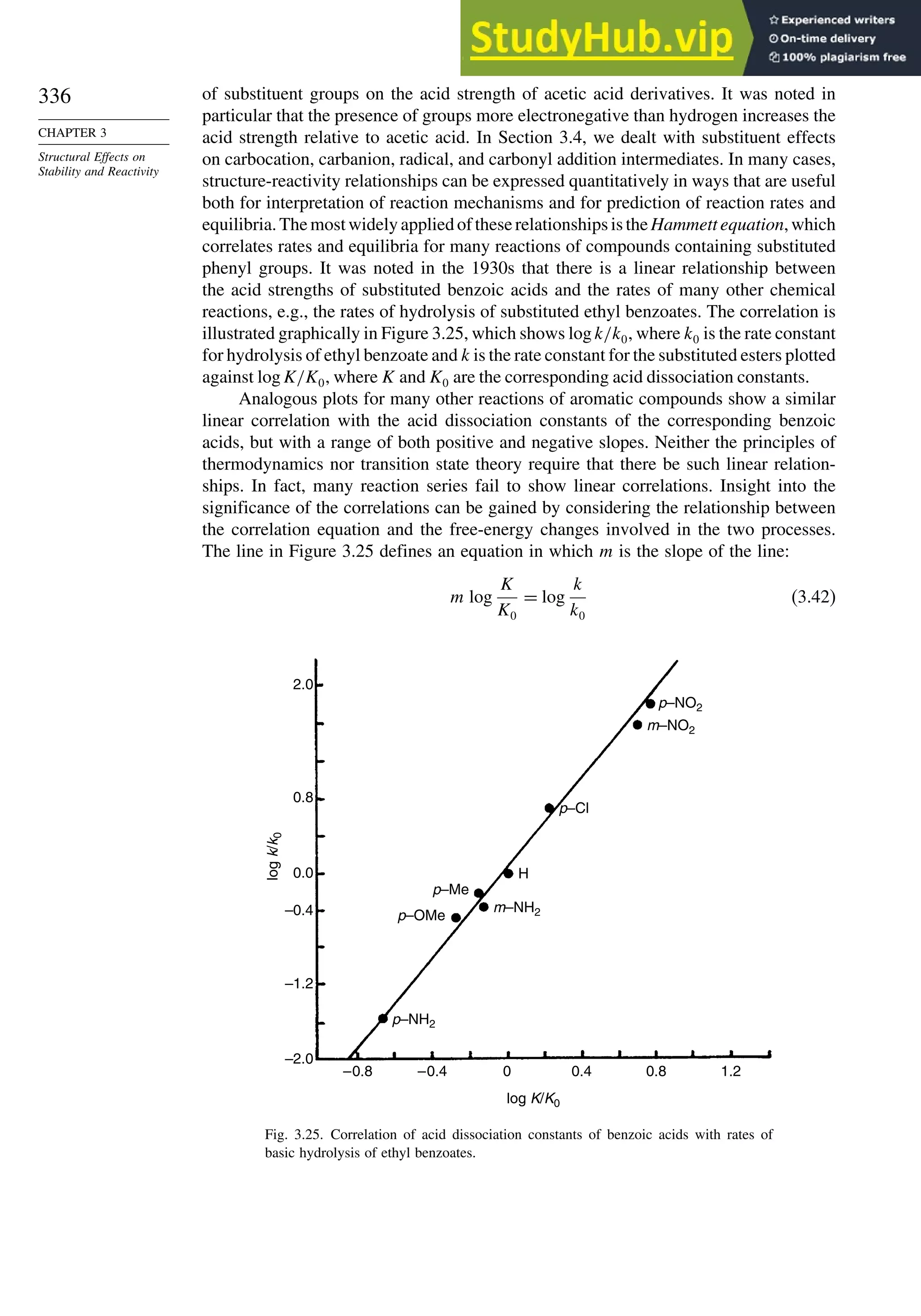336
CHAPTER 3
Structural Effects on
Stability and Reactivity
of substituent groups on the acid strength of acetic acid derivatives. It was noted in
particular that the presence of groups more electronegative than hydrogen increases the
acid strength relative to acetic acid. In Section 3.4, we dealt with substituent effects
on carbocation, carbanion, radical, and carbonyl addition intermediates. In many cases,
structure-reactivity relationships can be expressed quantitatively in ways that are useful
both for interpretation of reaction mechanisms and for prediction of reaction rates and
equilibria. The most widely applied of these relationships is the Hammett equation, which
correlates rates and equilibria for many reactions of compounds containing substituted
phenyl groups. It was noted in the 1930s that there is a linear relationship between
the acid strengths of substituted benzoic acids and the rates of many other chemical
reactions, e.g., the rates of hydrolysis of substituted ethyl benzoates. The correlation is
illustrated graphically in Figure 3.25, which shows logk/k0, where k0 is the rate constant
for hydrolysis of ethyl benzoate and k is the rate constant for the substituted esters plotted
against logK/K0, where K and K0 are the corresponding acid dissociation constants.
Analogous plots for many other reactions of aromatic compounds show a similar
linear correlation with the acid dissociation constants of the corresponding benzoic
acids, but with a range of both positive and negative slopes. Neither the principles of
thermodynamics nor transition state theory require that there be such linear relation-
ships. In fact, many reaction series fail to show linear correlations. Insight into the
significance of the correlations can be gained by considering the relationship between
the correlation equation and the free-energy changes involved in the two processes.
The line in Figure 3.25 defines an equation in which m is the slope of the line:
m log
K
K0
= log
k
k0
(3.42)
2.0
0.8
0.0
log
k
/
k
0
log K/K0
p–NH2
m–NH2
m–NO2
p–NO2
H
p–OMe
p–Me
p–Cl
–0.4
–1.2
–2.0
–0.8 –0.4 0 0.4 0.8 1.2
Fig. 3.25. Correlation of acid dissociation constants of benzoic acids with rates of
basic hydrolysis of ethyl benzoates.
 