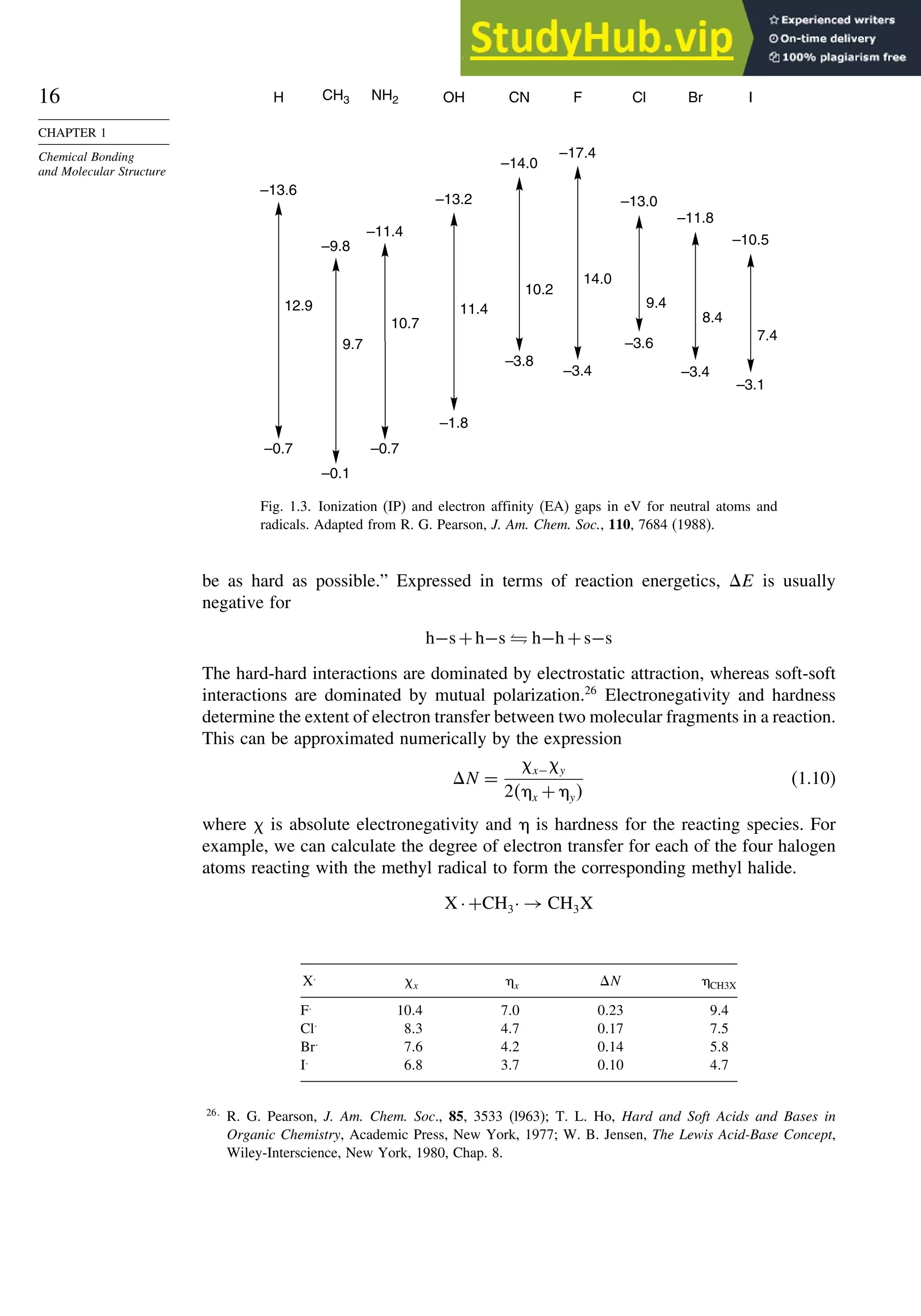 16
CHAPTER 1
Chemical Bonding
and Molecular Structure
H CH3 NH2 OH CN F Cl Br I
–13.6
–9.8
–0.1
–3.4
–3.6
–3.4
–3.1
–3.8
–1.8
–0.7 –0.7
–11.4
–13.2
–14.0
–17.4
–13.0
–11.8
–10.5
9.7
10.7
11.4
10.2
14.0
9.4
8.4
7.4
12.9
Fig. 1.3. Ionization (IP) and electron affinity (EA) gaps in eV for neutral atoms and
radicals. Adapted from R. G. Pearson, J. Am. Chem. Soc., 110, 7684 (1988).
be as hard as possible.” Expressed in terms of reaction energetics, E is usually
negative for
h−s+h−s ⇌ h−h +s−s
The hard-hard interactions are dominated by electrostatic attraction, whereas soft-soft
interactions are dominated by mutual polarization.26
Electronegativity and hardness
determine the extent of electron transfer between two molecular fragments in a reaction.
This can be approximated numerically by the expression
N =
x− y
2 x + y
(1.10)
where is absolute electronegativity and is hardness for the reacting species. For
example, we can calculate the degree of electron transfer for each of the four halogen
atoms reacting with the methyl radical to form the corresponding methyl halide.
X ·+CH3· → CH3X
X
x x N CH3X
F
104 70 023 94
Cl
83 47 017 75
Br
76 42 014 58
I
68 37 010 47
26
R. G. Pearson, J. Am. Chem. Soc., 85, 3533 (l963); T. L. Ho, Hard and Soft Acids and Bases in
Organic Chemistry, Academic Press, New York, 1977; W. B. Jensen, The Lewis Acid-Base Concept,
Wiley-Interscience, New York, 1980, Chap. 8.
 