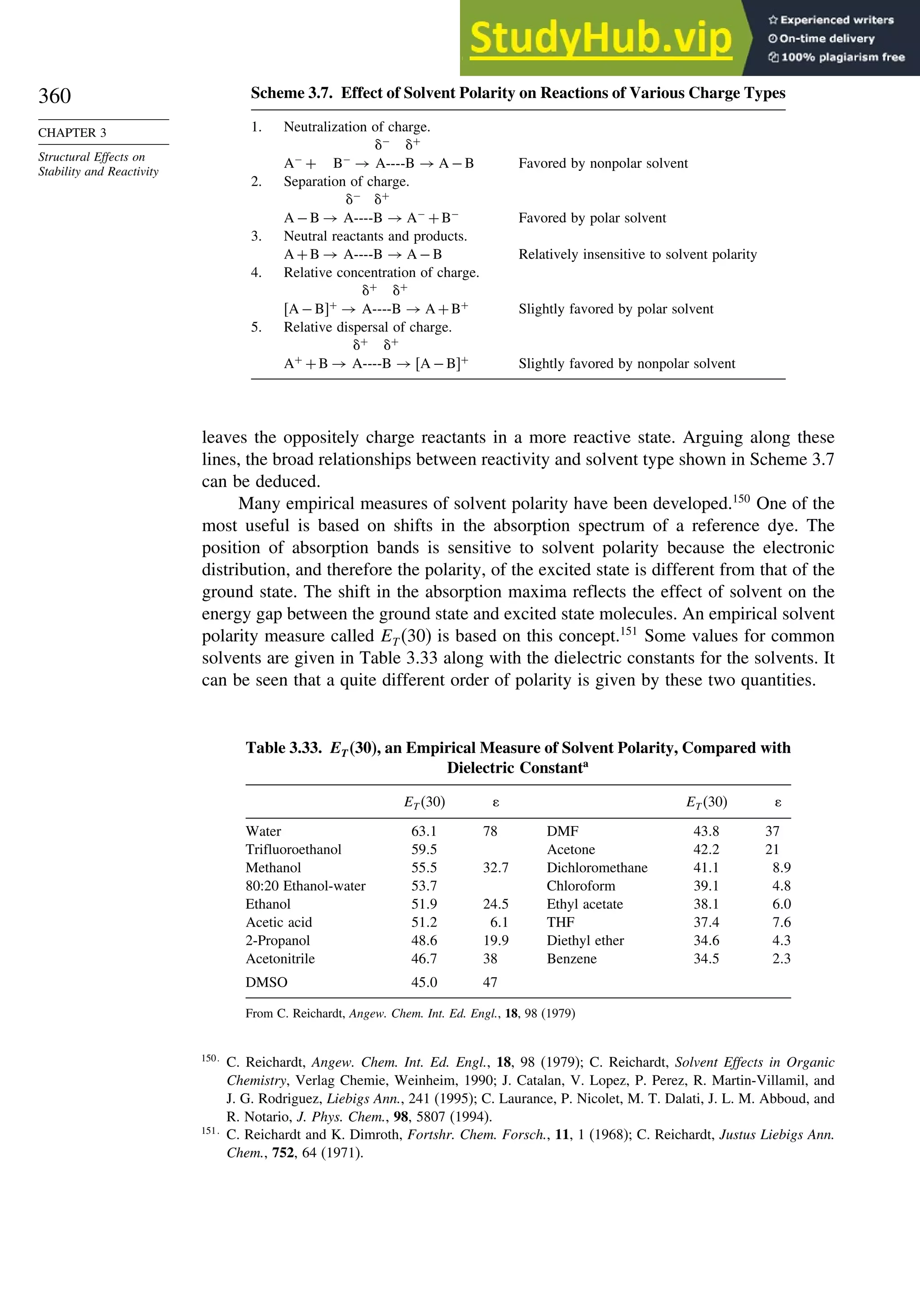 360
CHAPTER 3
Structural Effects on
Stability and Reactivity
Scheme 3.7. Effect of Solvent Polarity on Reactions of Various Charge Types
1. Neutralization of charge.
−
+
A−
+ B−
→ A----B → A −B Favored by nonpolar solvent
2. Separation of charge.
−
+
A −B → A----B → A−
+B−
Favored by polar solvent
3. Neutral reactants and products.
A +B → A----B → A −B Relatively insensitive to solvent polarity
4. Relative concentration of charge.
+
+
A −B+
→ A----B → A +B+
Slightly favored by polar solvent
5. Relative dispersal of charge.
+
+
A+
+B → A----B → A −B+
Slightly favored by nonpolar solvent
leaves the oppositely charge reactants in a more reactive state. Arguing along these
lines, the broad relationships between reactivity and solvent type shown in Scheme 3.7
can be deduced.
Many empirical measures of solvent polarity have been developed.150
One of the
most useful is based on shifts in the absorption spectrum of a reference dye. The
position of absorption bands is sensitive to solvent polarity because the electronic
distribution, and therefore the polarity, of the excited state is different from that of the
ground state. The shift in the absorption maxima reflects the effect of solvent on the
energy gap between the ground state and excited state molecules. An empirical solvent
polarity measure called ET (30) is based on this concept.151
Some values for common
solvents are given in Table 3.33 along with the dielectric constants for the solvents. It
can be seen that a quite different order of polarity is given by these two quantities.
Table 3.33. ET (30), an Empirical Measure of Solvent Polarity, Compared with
Dielectric Constanta
ET (30)  ET (30) 
Water 631 78 DMF 438 37
Trifluoroethanol 595 Acetone 422 21
Methanol 555 327 Dichloromethane 411 89
80:20 Ethanol-water 537 Chloroform 391 48
Ethanol 519 245 Ethyl acetate 381 60
Acetic acid 512 61 THF 374 76
2-Propanol 486 199 Diethyl ether 346 43
Acetonitrile 467 38 Benzene 345 23
DMSO 450 47
From C. Reichardt, Angew. Chem. Int. Ed. Engl., 18, 98 (1979)
150
C. Reichardt, Angew. Chem. Int. Ed. Engl., 18, 98 (1979); C. Reichardt, Solvent Effects in Organic
Chemistry, Verlag Chemie, Weinheim, 1990; J. Catalan, V. Lopez, P. Perez, R. Martin-Villamil, and
J. G. Rodriguez, Liebigs Ann., 241 (1995); C. Laurance, P. Nicolet, M. T. Dalati, J. L. M. Abboud, and
R. Notario, J. Phys. Chem., 98, 5807 (1994).
151
C. Reichardt and K. Dimroth, Fortshr. Chem. Forsch., 11, 1 (1968); C. Reichardt, Justus Liebigs Ann.
Chem., 752, 64 (1971).
 
