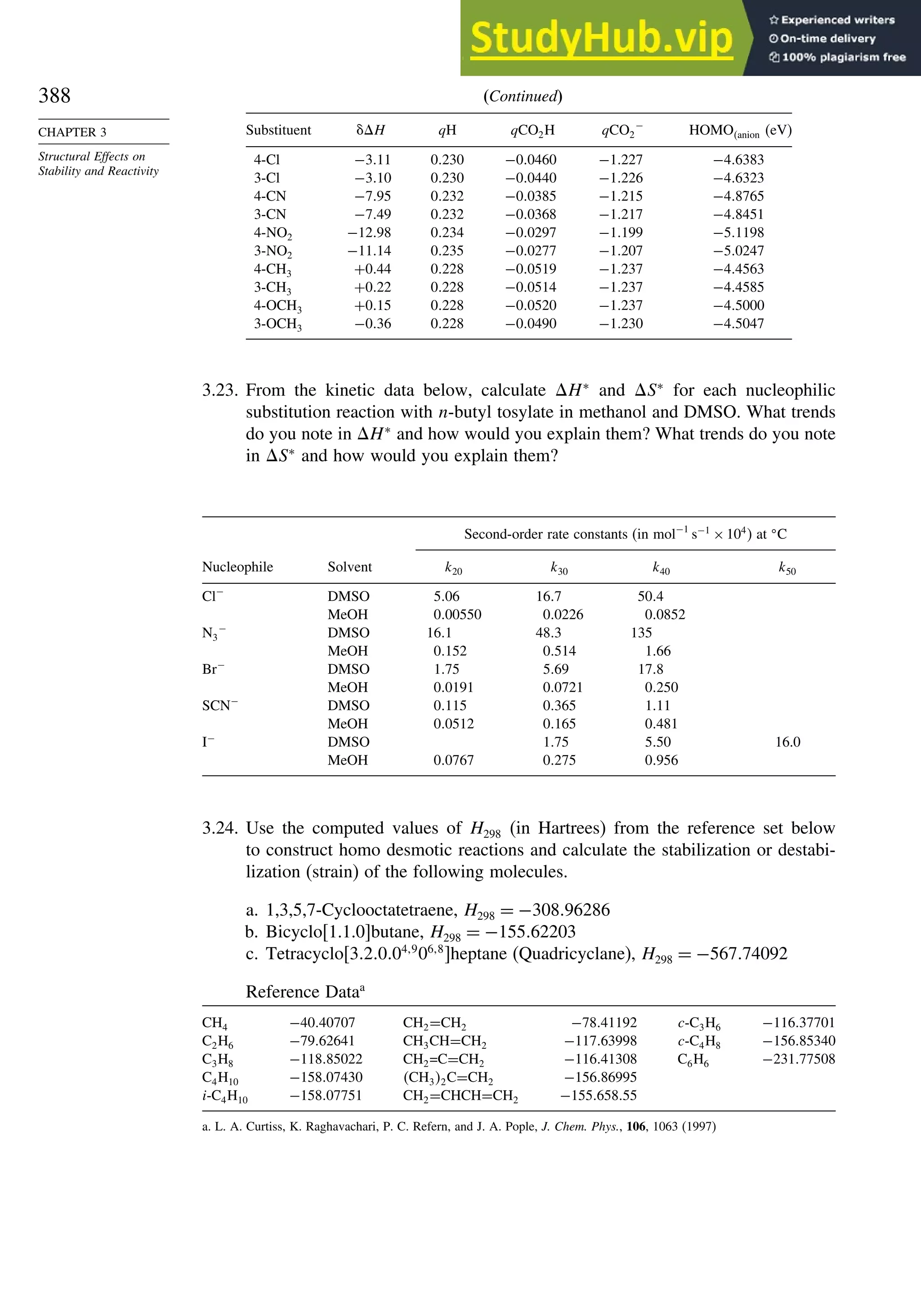388
CHAPTER 3
Structural Effects on
Stability and Reactivity
(Continued)
Substituent H qH qCO2H qCO2
−
HOMOanion (eV)
4-Cl −311 0230 −00460 −1227 −46383
3-Cl −310 0230 −00440 −1226 −46323
4-CN −795 0232 −00385 −1215 −48765
3-CN −749 0232 −00368 −1217 −48451
4-NO2 −1298 0234 −00297 −1199 −51198
3-NO2 −1114 0235 −00277 −1207 −50247
4-CH3 +044 0228 −00519 −1237 −44563
3-CH3 +022 0228 −00514 −1237 −44585
4-OCH3 +015 0228 −00520 −1237 −45000
3-OCH3 −036 0228 −00490 −1230 −45047
3.23. From the kinetic data below, calculate H∗
and S∗
for each nucleophilic
substitution reaction with n-butyl tosylate in methanol and DMSO. What trends
do you note in H∗
and how would you explain them? What trends do you note
in S∗
and how would you explain them?
Second-order rate constants (in mol−1
s−1
×104
) at C
Nucleophile Solvent k20 k30 k40 k50
Cl−
DMSO 506 167 504
MeOH 000550 00226 00852
N3
−
DMSO 161 483 135
MeOH 0152 0514 166
Br−
DMSO 175 569 178
MeOH 00191 00721 0250
SCN−
DMSO 0115 0365 111
MeOH 00512 0165 0481
I−
DMSO 175 550 16.0
MeOH 00767 0275 0956
3.24. Use the computed values of H298 (in Hartrees) from the reference set below
to construct homo desmotic reactions and calculate the stabilization or destabi-
lization (strain) of the following molecules.
a. 1,3,5,7-Cyclooctatetraene, H298 = −30896286
b. Bicyclo[1.1.0]butane, H298 = −15562203
c. Tetracyclo32004 9
06 8
heptane (Quadricyclane), H298 = −56774092
Reference Dataa
CH4 −4040707 CH2=CH2 −7841192 c-C3H6 −11637701
C2H6 −7962641 CH3CH=CH2 −11763998 c-C4H8 −15685340
C3H8 −11885022 CH2=C=CH2 −11641308 C6H6 −23177508
C4H10 −15807430 CH32C=CH2 −15686995
i-C4H10 −15807751 CH2=CHCH=CH2 −15565855
a. L. A. Curtiss, K. Raghavachari, P. C. Refern, and J. A. Pople, J. Chem. Phys., 106, 1063 (1997)
 