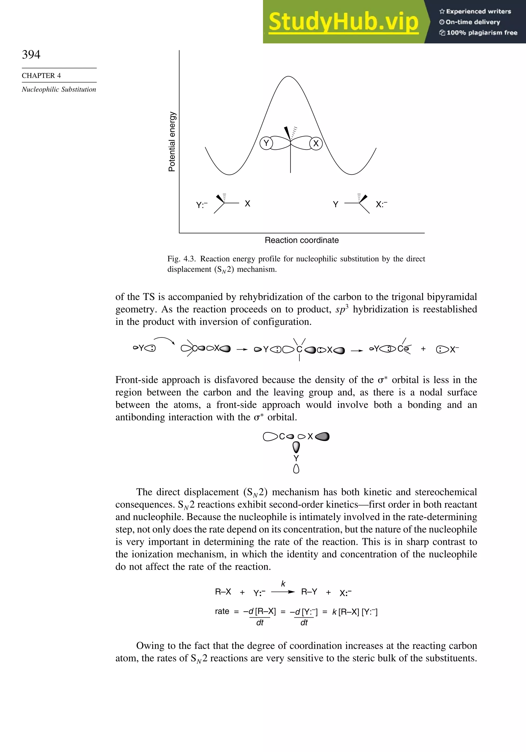 394
CHAPTER 4
Nucleophilic Substitution
Potential
energy
Reaction coordinate
Y X
Y X:–
Y:– X
Fig. 4.3. Reaction energy profile for nucleophilic substitution by the direct
displacement SN 2 mechanism.
of the TS is accompanied by rehybridization of the carbon to the trigonal bipyramidal
geometry. As the reaction proceeds on to product, sp3
hybridization is reestablished
in the product with inversion of configuration.
C X + X–
:
Y : X
Y C
: : C
Y :
Front-side approach is disfavored because the density of the ∗
orbital is less in the
region between the carbon and the leaving group and, as there is a nodal surface
between the atoms, a front-side approach would involve both a bonding and an
antibonding interaction with the ∗
orbital.
C X
Y
The direct displacement SN 2 mechanism has both kinetic and stereochemical
consequences. SN 2 reactions exhibit second-order kinetics—first order in both reactant
and nucleophile. Because the nucleophile is intimately involved in the rate-determining
step, not only does the rate depend on its concentration, but the nature of the nucleophile
is very important in determining the rate of the reaction. This is in sharp contrast to
the ionization mechanism, in which the identity and concentration of the nucleophile
do not affect the rate of the reaction.
rate –d [R–X] –d [Y:–
] k [R–X] [Y:–
]
dt dt
= = =
R–X + +
Y:–
k
R–Y X:–
Owing to the fact that the degree of coordination increases at the reacting carbon
atom, the rates of SN 2 reactions are very sensitive to the steric bulk of the substituents.
 