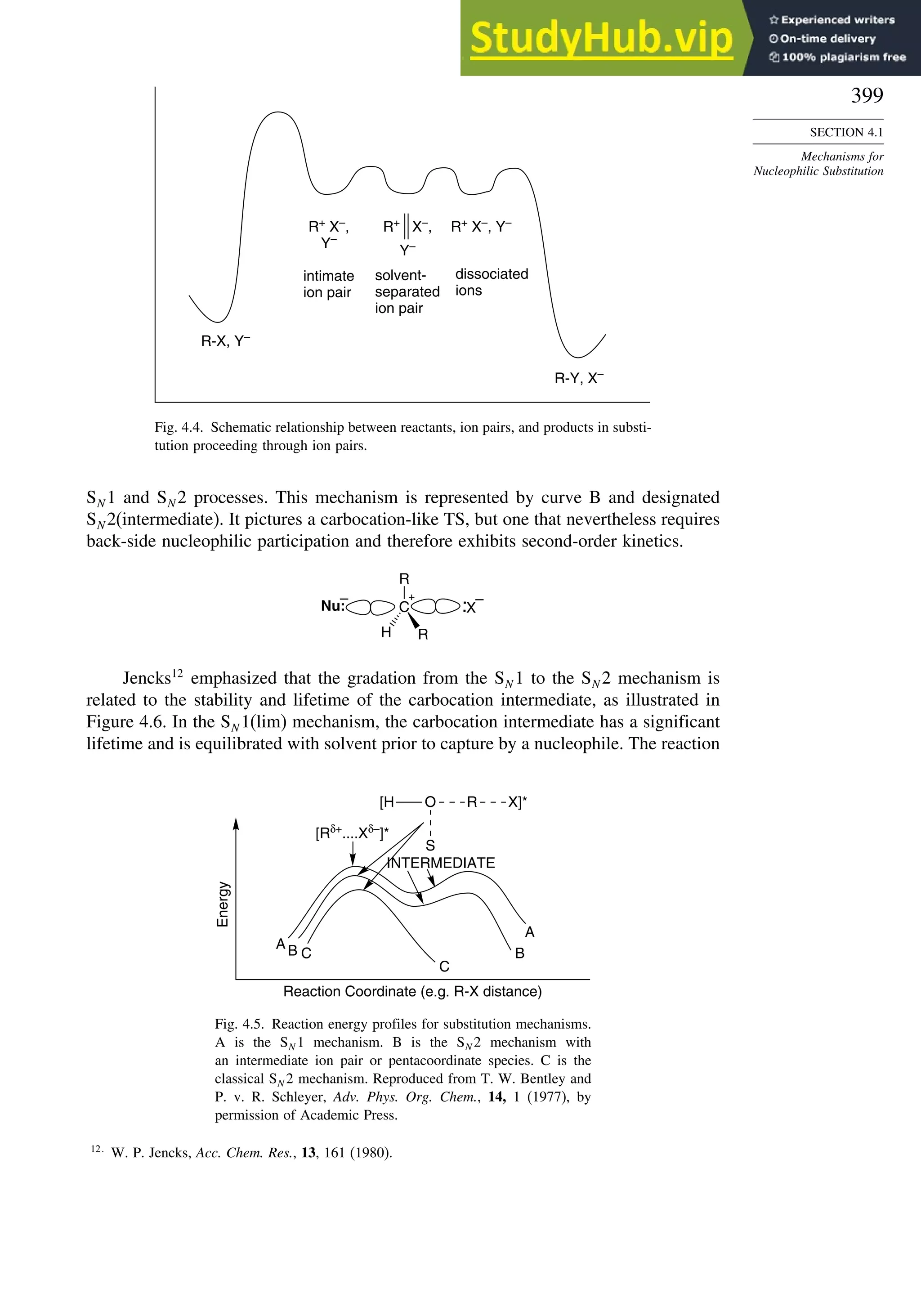 399
SECTION 4.1
Mechanisms for
Nucleophilic Substitution
R+
X–
,
Y–
R+
X–
, Y–
R-X, Y–
R-Y, X–
intimate
ion pair
solvent-
separated
ion pair
dissociated
ions
R+
X–
,
Y–
Fig. 4.4. Schematic relationship between reactants, ion pairs, and products in substi-
tution proceeding through ion pairs.
SN 1 and SN 2 processes. This mechanism is represented by curve B and designated
SN 2(intermediate). It pictures a carbocation-like TS, but one that nevertheless requires
back-side nucleophilic participation and therefore exhibits second-order kinetics.
C
R
H R
+
Nu:
–
X
–
.
.
Jencks12
emphasized that the gradation from the SN 1 to the SN 2 mechanism is
related to the stability and lifetime of the carbocation intermediate, as illustrated in
Figure 4.6. In the SN 1(lim) mechanism, the carbocation intermediate has a significant
lifetime and is equilibrated with solvent prior to capture by a nucleophile. The reaction
Energy
Reaction Coordinate (e.g. R-X distance)
INTERMEDIATE
[Rδ+
....Xδ–
]*
A B C
A
B
C
[H
S
O R X]*
Fig. 4.5. Reaction energy profiles for substitution mechanisms.
A is the SN 1 mechanism. B is the SN 2 mechanism with
an intermediate ion pair or pentacoordinate species. C is the
classical SN 2 mechanism. Reproduced from T. W. Bentley and
P. v. R. Schleyer, Adv. Phys. Org. Chem., 14, 1 (1977), by
permission of Academic Press.
12
W. P. Jencks, Acc. Chem. Res., 13, 161 (1980).
 