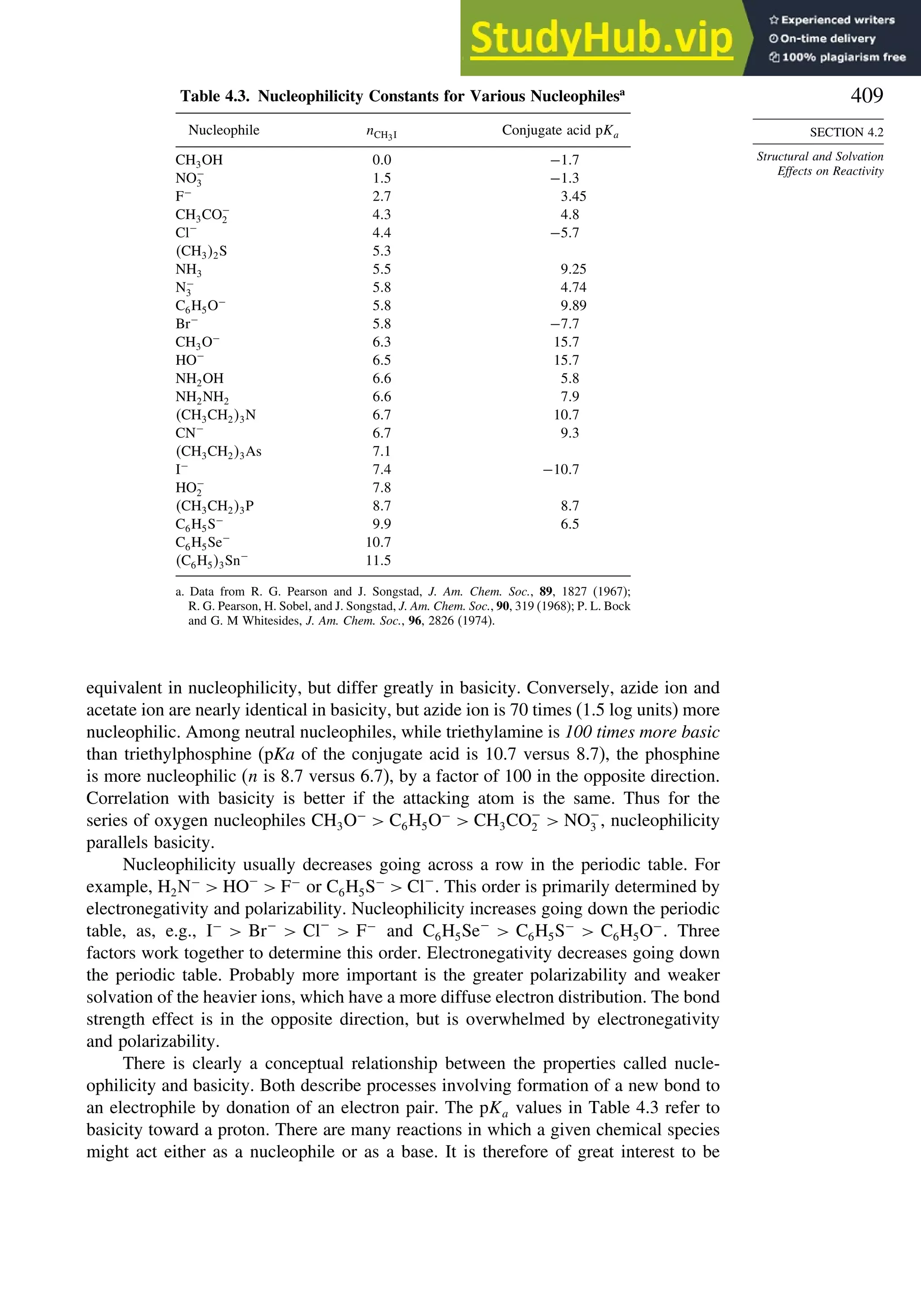 409
SECTION 4.2
Structural and Solvation
Effects on Reactivity
Table 4.3. Nucleophilicity Constants for Various Nucleophilesa
Nucleophile nCH3I Conjugate acid pKa
CH3OH 00 −17
NO−
3 15 −13
F−
27 345
CH3CO−
2 43 48
Cl−
44 −57
CH32S 53
NH3 55 925
N−
3 58 474
C6H5O−
58 989
Br−
58 −77
CH3O−
63 157
HO−
65 157
NH2OH 66 58
NH2NH2 66 79
CH3CH23N 67 107
CN−
67 93
CH3CH23As 71
I−
74 −107
HO−
2 78
CH3CH23P 87 87
C6H5S−
99 65
C6H5Se−
107
C6H53Sn−
115
a. Data from R. G. Pearson and J. Songstad, J. Am. Chem. Soc., 89, 1827 (1967);
R. G. Pearson, H. Sobel, and J. Songstad, J. Am. Chem. Soc., 90, 319 (1968); P. L. Bock
and G. M Whitesides, J. Am. Chem. Soc., 96, 2826 (1974).
equivalent in nucleophilicity, but differ greatly in basicity. Conversely, azide ion and
acetate ion are nearly identical in basicity, but azide ion is 70 times (1.5 log units) more
nucleophilic. Among neutral nucleophiles, while triethylamine is 100 times more basic
than triethylphosphine (pKa of the conjugate acid is 10.7 versus 8.7), the phosphine
is more nucleophilic (n is 8.7 versus 6.7), by a factor of 100 in the opposite direction.
Correlation with basicity is better if the attacking atom is the same. Thus for the
series of oxygen nucleophiles CH3O−
 C6H5O−
 CH3CO−
2  NO−
3 , nucleophilicity
parallels basicity.
Nucleophilicity usually decreases going across a row in the periodic table. For
example, H2N−
 HO−
 F−
or C6H5S−
 Cl−
. This order is primarily determined by
electronegativity and polarizability. Nucleophilicity increases going down the periodic
table, as, e.g., I−
 Br−
 Cl−
 F−
and C6H5Se−
 C6H5S−
 C6H5O−
. Three
factors work together to determine this order. Electronegativity decreases going down
the periodic table. Probably more important is the greater polarizability and weaker
solvation of the heavier ions, which have a more diffuse electron distribution. The bond
strength effect is in the opposite direction, but is overwhelmed by electronegativity
and polarizability.
There is clearly a conceptual relationship between the properties called nucle-
ophilicity and basicity. Both describe processes involving formation of a new bond to
an electrophile by donation of an electron pair. The pKa values in Table 4.3 refer to
basicity toward a proton. There are many reactions in which a given chemical species
might act either as a nucleophile or as a base. It is therefore of great interest to be
 