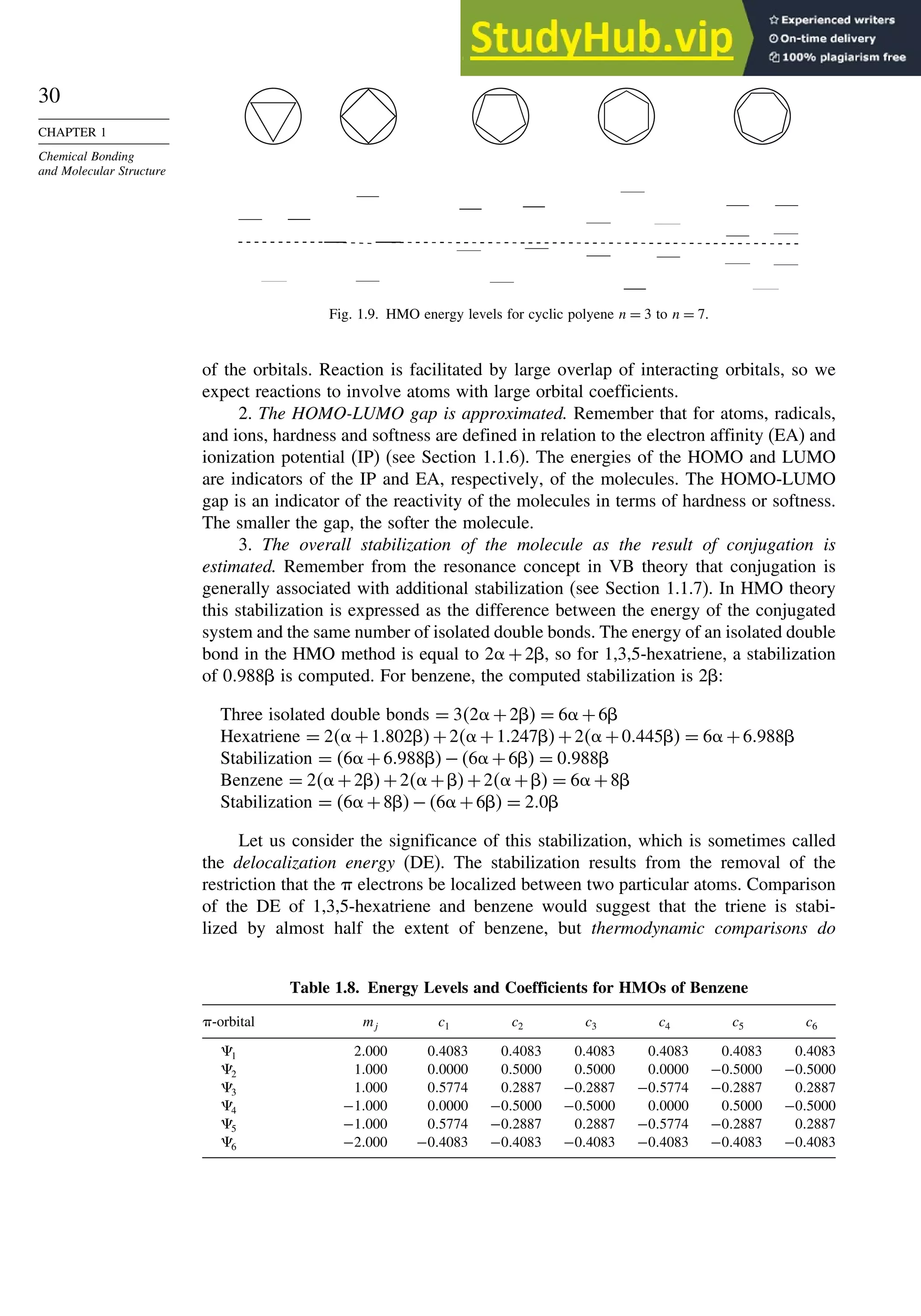 30
CHAPTER 1
Chemical Bonding
and Molecular Structure
Fig. 1.9. HMO energy levels for cyclic polyene n = 3 to n = 7.
of the orbitals. Reaction is facilitated by large overlap of interacting orbitals, so we
expect reactions to involve atoms with large orbital coefficients.
2. The HOMO-LUMO gap is approximated. Remember that for atoms, radicals,
and ions, hardness and softness are defined in relation to the electron affinity (EA) and
ionization potential (IP) (see Section 1.1.6). The energies of the HOMO and LUMO
are indicators of the IP and EA, respectively, of the molecules. The HOMO-LUMO
gap is an indicator of the reactivity of the molecules in terms of hardness or softness.
The smaller the gap, the softer the molecule.
3. The overall stabilization of the molecule as the result of conjugation is
estimated. Remember from the resonance concept in VB theory that conjugation is
generally associated with additional stabilization (see Section 1.1.7). In HMO theory
this stabilization is expressed as the difference between the energy of the conjugated
system and the same number of isolated double bonds. The energy of an isolated double
bond in the HMO method is equal to 2+2, so for 1,3,5-hexatriene, a stabilization
of 0988 is computed. For benzene, the computed stabilization is 2:
Three isolated double bonds = 32+2 = 6+6
Hexatriene = 2+1802+2+1247+2+0445 = 6+6988
Stabilization = 6+6988−6+6 = 0988
Benzene = 2+2+2++2+ = 6+8
Stabilization = 6+8−6+6 = 20
Let us consider the significance of this stabilization, which is sometimes called
the delocalization energy (DE). The stabilization results from the removal of the
restriction that the  electrons be localized between two particular atoms. Comparison
of the DE of 1,3,5-hexatriene and benzene would suggest that the triene is stabi-
lized by almost half the extent of benzene, but thermodynamic comparisons do
Table 1.8. Energy Levels and Coefficients for HMOs of Benzene
-orbital mj c1 c2 c3 c4 c5 c6
1 2000 04083 04083 04083 04083 04083 04083
2 1000 00000 05000 05000 00000 −05000 −05000
3 1000 05774 02887 −02887 −05774 −02887 02887
4 −1000 00000 −05000 −05000 00000 05000 −05000
5 −1000 05774 −02887 02887 −05774 −02887 02887
6 −2000 −04083 −04083 −04083 −04083 −04083 −04083
 