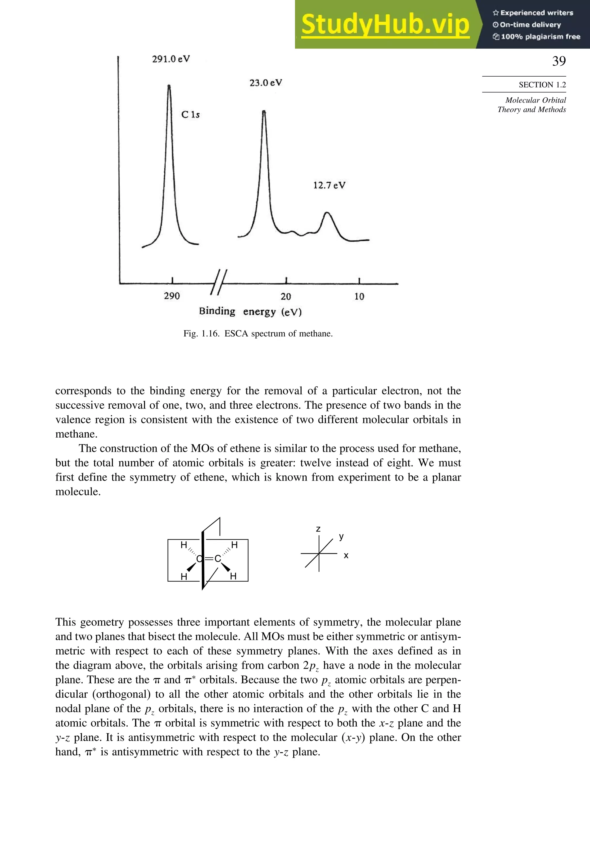 39
SECTION 1.2
Molecular Orbital
Theory and Methods
Fig. 1.16. ESCA spectrum of methane.
corresponds to the binding energy for the removal of a particular electron, not the
successive removal of one, two, and three electrons. The presence of two bands in the
valence region is consistent with the existence of two different molecular orbitals in
methane.
The construction of the MOs of ethene is similar to the process used for methane,
but the total number of atomic orbitals is greater: twelve instead of eight. We must
first define the symmetry of ethene, which is known from experiment to be a planar
molecule.
C
C
H
H H
z
y
x
H
This geometry possesses three important elements of symmetry, the molecular plane
and two planes that bisect the molecule. All MOs must be either symmetric or antisym-
metric with respect to each of these symmetry planes. With the axes defined as in
the diagram above, the orbitals arising from carbon 2pz have a node in the molecular
plane. These are the  and ∗
orbitals. Because the two pz atomic orbitals are perpen-
dicular (orthogonal) to all the other atomic orbitals and the other orbitals lie in the
nodal plane of the pz orbitals, there is no interaction of the pz with the other C and H
atomic orbitals. The  orbital is symmetric with respect to both the x-z plane and the
y-z plane. It is antisymmetric with respect to the molecular x-y plane. On the other
hand, ∗
is antisymmetric with respect to the y-z plane.
 