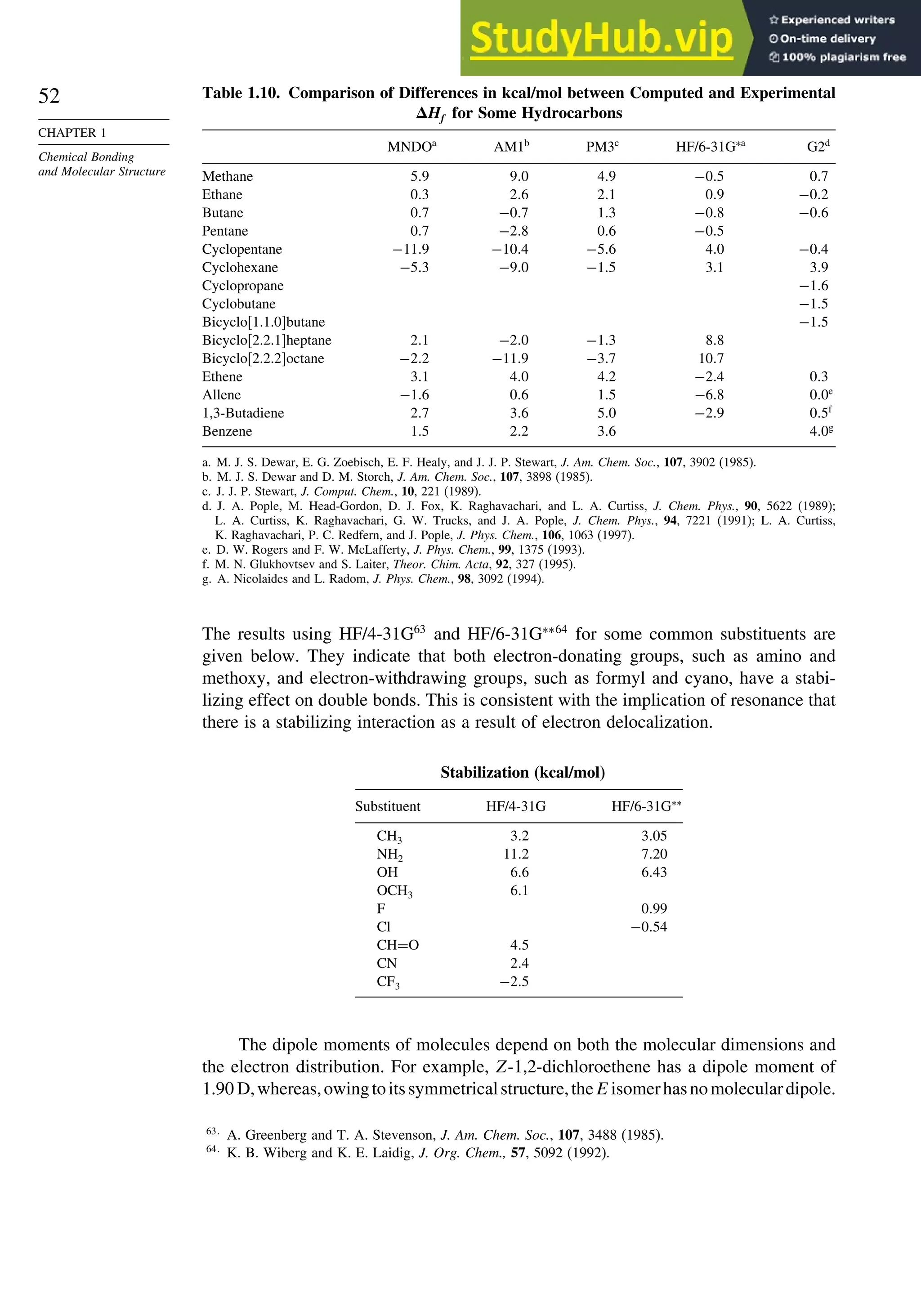 52
CHAPTER 1
Chemical Bonding
and Molecular Structure
Table 1.10. Comparison of Differences in kcal/mol between Computed and Experimental
Hf for Some Hydrocarbons
MNDOa
AM1b
PM3c
HF/6-31G∗a
G2d
Methane 59 90 49 −05 07
Ethane 03 26 21 09 −02
Butane 07 −07 13 −08 −06
Pentane 07 −28 06 −05
Cyclopentane −119 −104 −56 40 −04
Cyclohexane −53 −90 −15 31 39
Cyclopropane −16
Cyclobutane −15
Bicyclo[1.1.0]butane −15
Bicyclo[2.2.1]heptane 21 −20 −13 88
Bicyclo[2.2.2]octane −22 −119 −37 107
Ethene 31 40 42 −24 03
Allene −16 06 15 −68 00e
1,3-Butadiene 27 36 50 −29 05f
Benzene 15 22 36 40g
a. M. J. S. Dewar, E. G. Zoebisch, E. F. Healy, and J. J. P. Stewart, J. Am. Chem. Soc., 107, 3902 (1985).
b. M. J. S. Dewar and D. M. Storch, J. Am. Chem. Soc., 107, 3898 (1985).
c. J. J. P. Stewart, J. Comput. Chem., 10, 221 (1989).
d. J. A. Pople, M. Head-Gordon, D. J. Fox, K. Raghavachari, and L. A. Curtiss, J. Chem. Phys., 90, 5622 (1989);
L. A. Curtiss, K. Raghavachari, G. W. Trucks, and J. A. Pople, J. Chem. Phys., 94, 7221 (1991); L. A. Curtiss,
K. Raghavachari, P. C. Redfern, and J. Pople, J. Phys. Chem., 106, 1063 (1997).
e. D. W. Rogers and F. W. McLafferty, J. Phys. Chem., 99, 1375 (1993).
f. M. N. Glukhovtsev and S. Laiter, Theor. Chim. Acta, 92, 327 (1995).
g. A. Nicolaides and L. Radom, J. Phys. Chem., 98, 3092 (1994).
The results using HF/4-31G63
and HF/6-31G∗∗64
for some common substituents are
given below. They indicate that both electron-donating groups, such as amino and
methoxy, and electron-withdrawing groups, such as formyl and cyano, have a stabi-
lizing effect on double bonds. This is consistent with the implication of resonance that
there is a stabilizing interaction as a result of electron delocalization.
Stabilization (kcal/mol)
Substituent HF/4-31G HF/6-31G∗∗
CH3 32 305
NH2 112 720
OH 66 643
OCH3 61
F 099
Cl −054
CH=O 45
CN 24
CF3 −25
The dipole moments of molecules depend on both the molecular dimensions and
the electron distribution. For example, Z-1,2-dichloroethene has a dipole moment of
1.90 D,whereas,owingtoitssymmetricalstructure,theE isomerhasnomoleculardipole.
63
A. Greenberg and T. A. Stevenson, J. Am. Chem. Soc., 107, 3488 (1985).
64
K. B. Wiberg and K. E. Laidig, J. Org. Chem., 57, 5092 (1992).
 