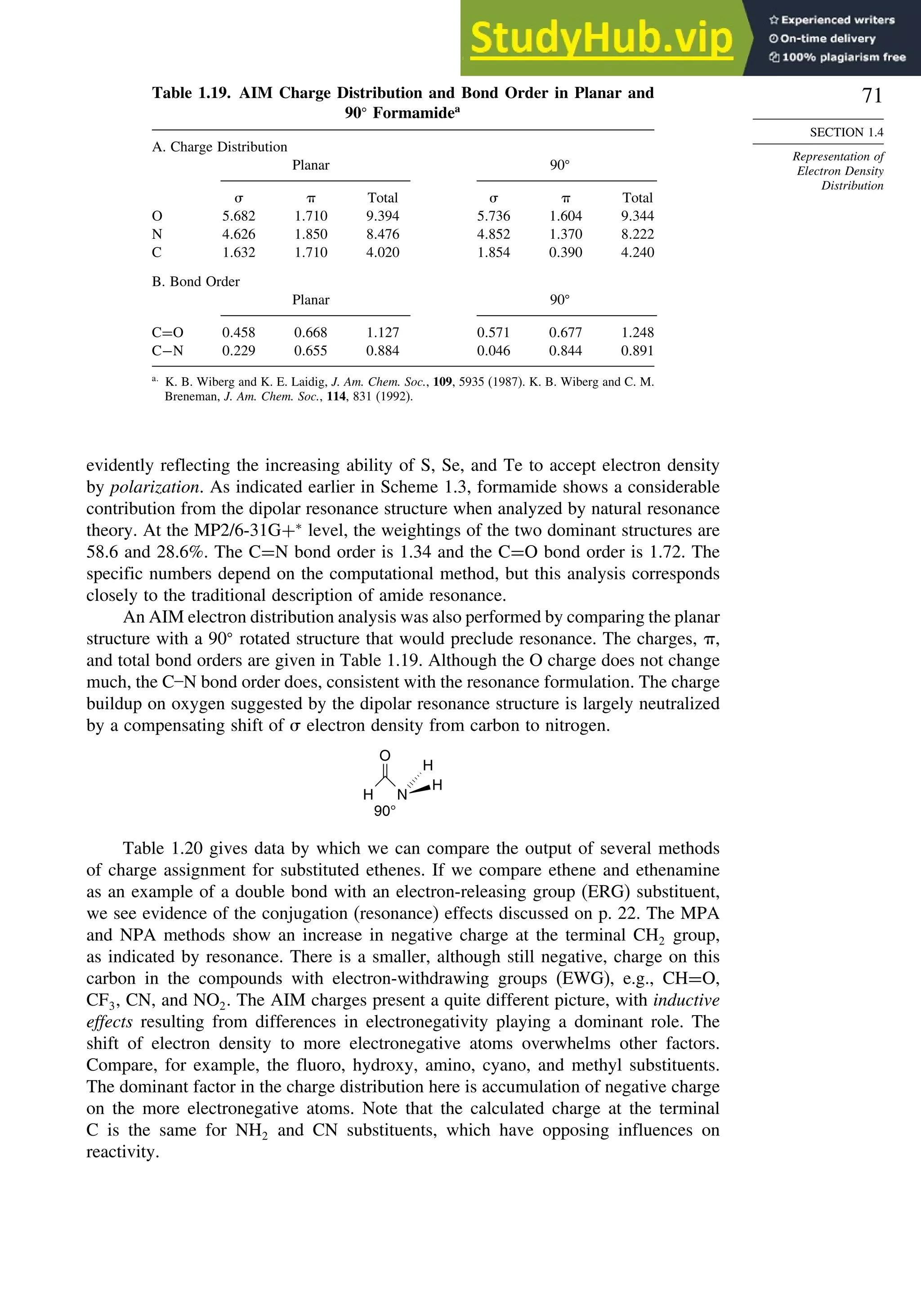 71
SECTION 1.4
Representation of
Electron Density
Distribution
Table 1.19. AIM Charge Distribution and Bond Order in Planar and
90
Formamidea
A. Charge Distribution
Planar 90
  Total   Total
O 5682 1710 9394 5736 1604 9344
N 4626 1850 8476 4852 1370 8222
C 1632 1710 4020 1854 0390 4240
B. Bond Order
Planar 90
C=O 0458 0668 1127 0571 0677 1248
C−N 0229 0655 0884 0046 0844 0891
a
K. B. Wiberg and K. E. Laidig, J. Am. Chem. Soc., 109, 5935 (1987). K. B. Wiberg and C. M.
Breneman, J. Am. Chem. Soc., 114, 831 (1992).
evidently reflecting the increasing ability of S, Se, and Te to accept electron density
by polarization. As indicated earlier in Scheme 1.3, formamide shows a considerable
contribution from the dipolar resonance structure when analyzed by natural resonance
theory. At the MP2/6-31G+∗
level, the weightings of the two dominant structures are
58.6 and 28.6%. The C=N bond order is 1.34 and the C=O bond order is 1.72. The
specific numbers depend on the computational method, but this analysis corresponds
closely to the traditional description of amide resonance.
An AIM electron distribution analysis was also performed by comparing the planar
structure with a 90
rotated structure that would preclude resonance. The charges, ,
and total bond orders are given in Table 1.19. Although the O charge does not change
much, the C–N bond order does, consistent with the resonance formulation. The charge
buildup on oxygen suggested by the dipolar resonance structure is largely neutralized
by a compensating shift of  electron density from carbon to nitrogen.
H
O
N
H
H
90°
Table 1.20 gives data by which we can compare the output of several methods
of charge assignment for substituted ethenes. If we compare ethene and ethenamine
as an example of a double bond with an electron-releasing group (ERG) substituent,
we see evidence of the conjugation (resonance) effects discussed on p. 22. The MPA
and NPA methods show an increase in negative charge at the terminal CH2 group,
as indicated by resonance. There is a smaller, although still negative, charge on this
carbon in the compounds with electron-withdrawing groups (EWG), e.g., CH=O,
CF3, CN, and NO2. The AIM charges present a quite different picture, with inductive
effects resulting from differences in electronegativity playing a dominant role. The
shift of electron density to more electronegative atoms overwhelms other factors.
Compare, for example, the fluoro, hydroxy, amino, cyano, and methyl substituents.
The dominant factor in the charge distribution here is accumulation of negative charge
on the more electronegative atoms. Note that the calculated charge at the terminal
C is the same for NH2 and CN substituents, which have opposing influences on
reactivity.
 