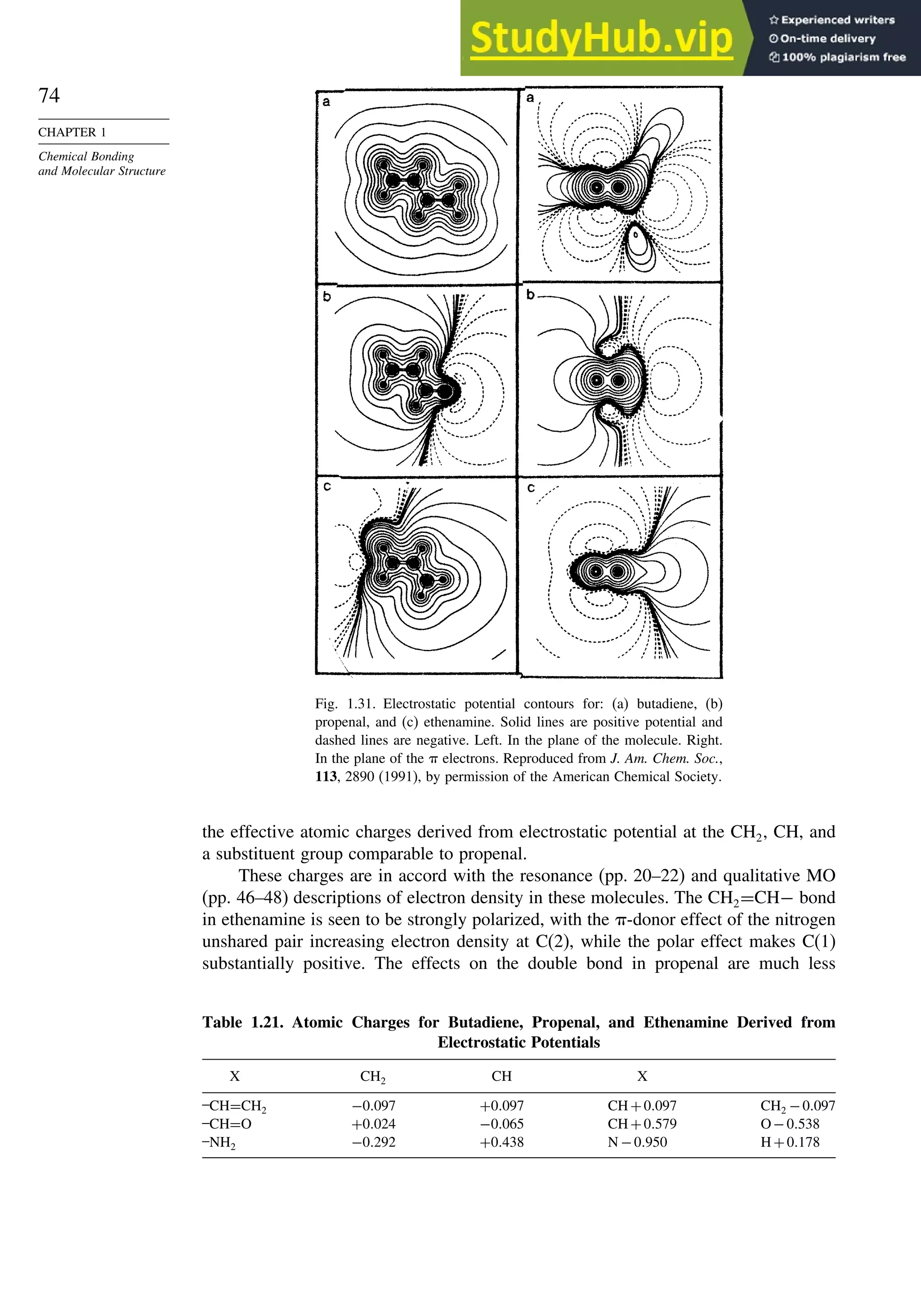 74
CHAPTER 1
Chemical Bonding
and Molecular Structure
Fig. 1.31. Electrostatic potential contours for: (a) butadiene, (b)
propenal, and (c) ethenamine. Solid lines are positive potential and
dashed lines are negative. Left. In the plane of the molecule. Right.
In the plane of the  electrons. Reproduced from J. Am. Chem. Soc.,
113, 2890 (1991), by permission of the American Chemical Society.
the effective atomic charges derived from electrostatic potential at the CH2, CH, and
a substituent group comparable to propenal.
These charges are in accord with the resonance (pp. 20–22) and qualitative MO
(pp. 46–48) descriptions of electron density in these molecules. The CH2=CH− bond
in ethenamine is seen to be strongly polarized, with the -donor effect of the nitrogen
unshared pair increasing electron density at C(2), while the polar effect makes C(1)
substantially positive. The effects on the double bond in propenal are much less
Table 1.21. Atomic Charges for Butadiene, Propenal, and Ethenamine Derived from
Electrostatic Potentials
X CH2 CH X
–CH=CH2 −0097 +0097 CH+0097 CH2 −0097
–CH=O +0024 −0065 CH+0579 O−0538
–NH2 −0292 +0438 N −0950 H+0178
 